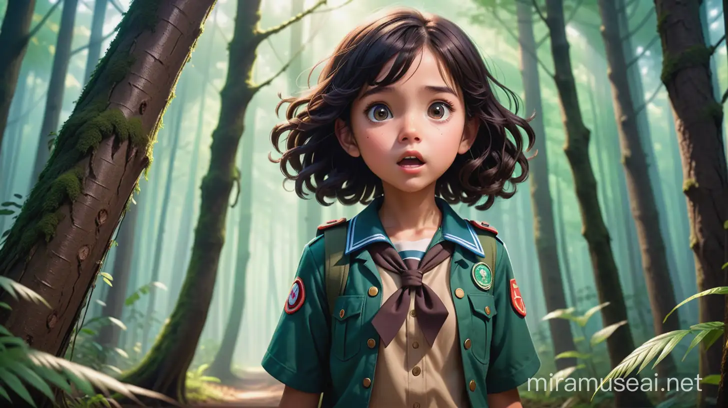 a shocked female kid have 11 years old , have a long curly brown hair , big dark brown eyes, round face, light skin , scout uniform, she emerges from a hole in the forest by a powerful and magical wind vortex coming from her female friend who has the supernatural ability to control the wind vortex and she is only 9 years old , have a soft short black hair , big dark brown eyes, round face , light skin , scout uniform, show the full body of her. cartoon type .

