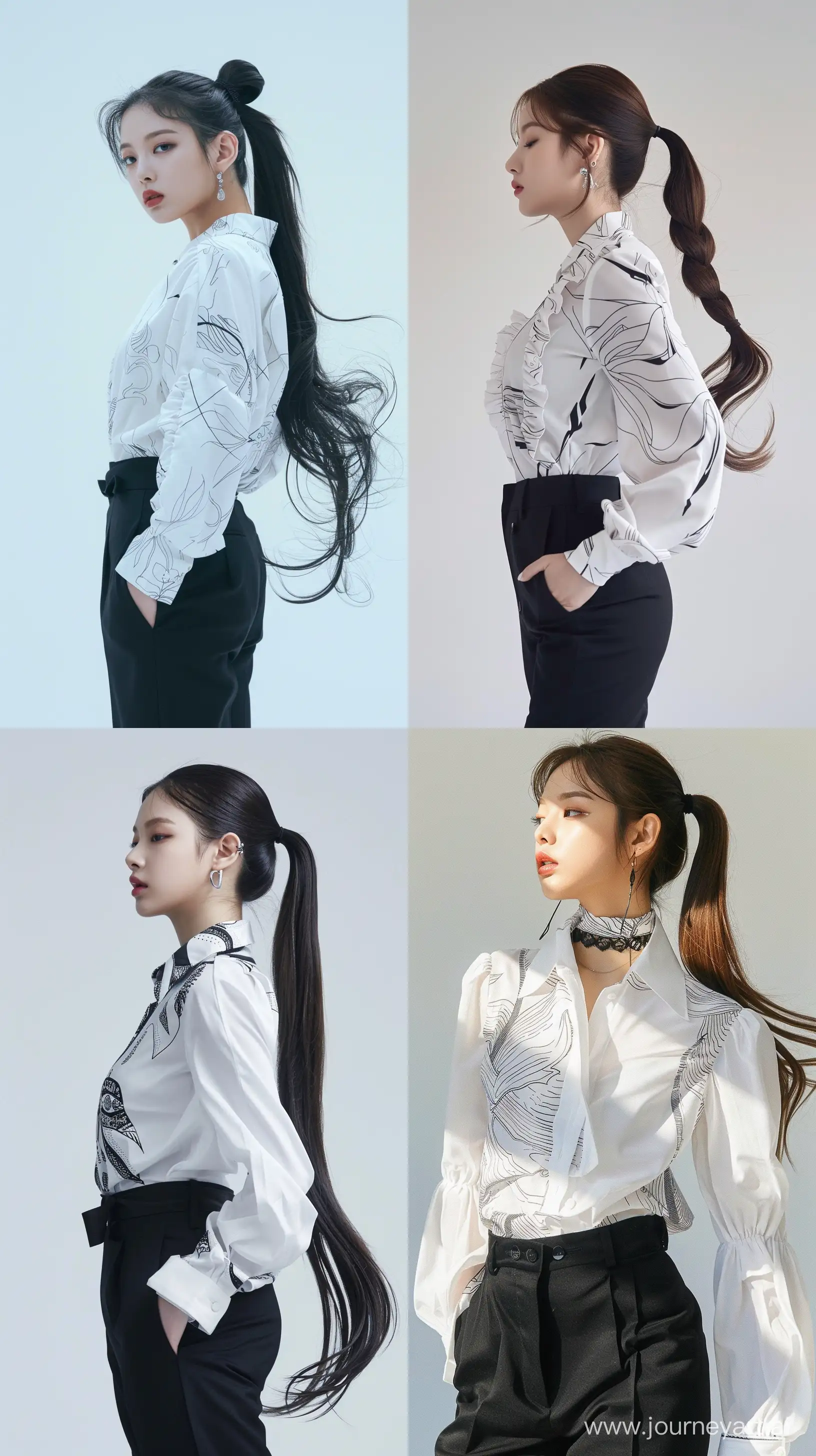 a photo of blackpink's jennie ,wearing white oversize motived blouse and black oversize suit pants profile standing,simple elegant pigtail hair,elegant girl --ar 9:16
