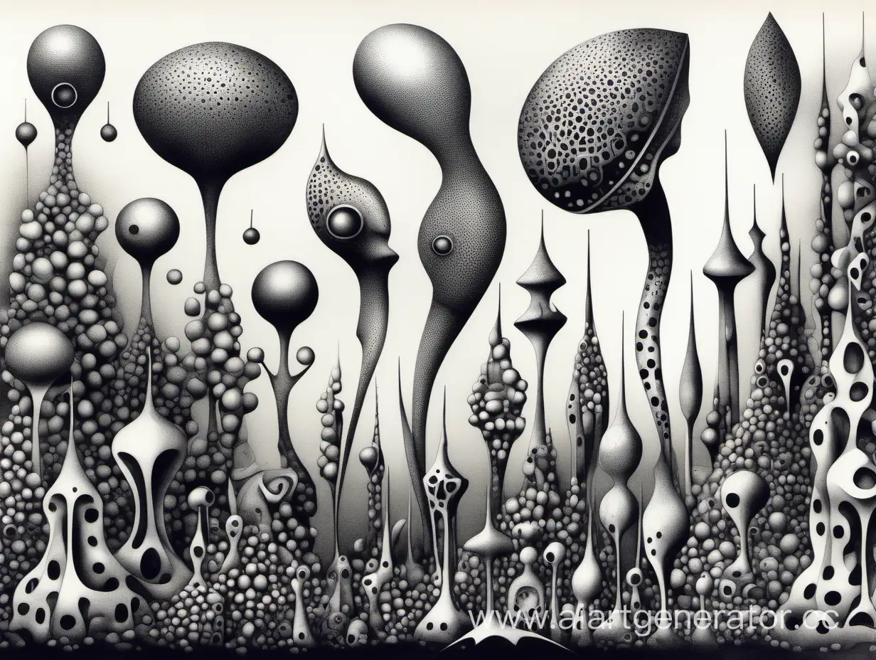 asymmetry aesthetically surreal metallic forms, abstract alien figurines, plant invasion, white black colors, old ink dotwork drawing