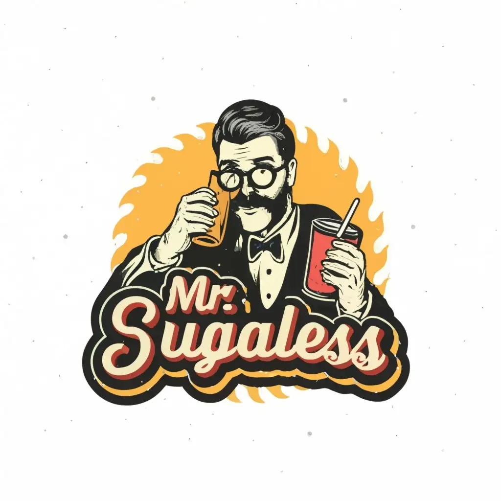 logo, man with moustache drinking juice with glasses, with the text "Mr.Sugarless", typography, be used in Restaurant industry
