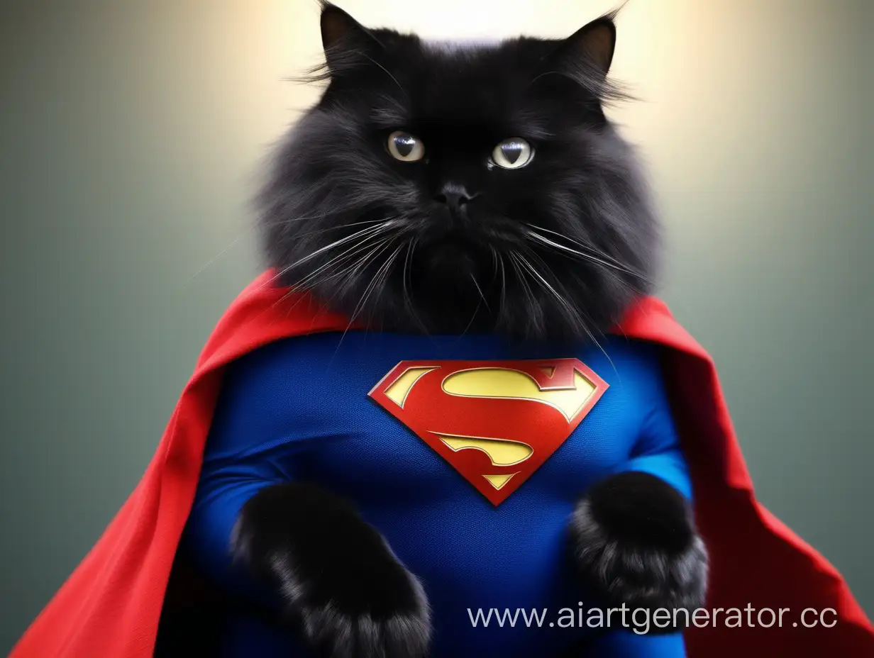 Черный очень пушистый кот супермен 