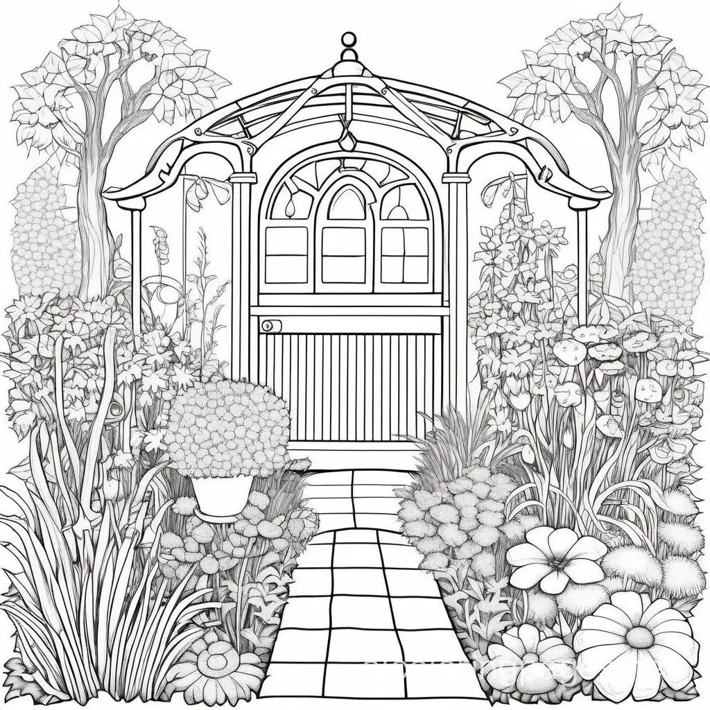 Tranquil-Garden-Coloring-Page-for-Adults-Ethereal-Light-Flowers-and-Wildlife