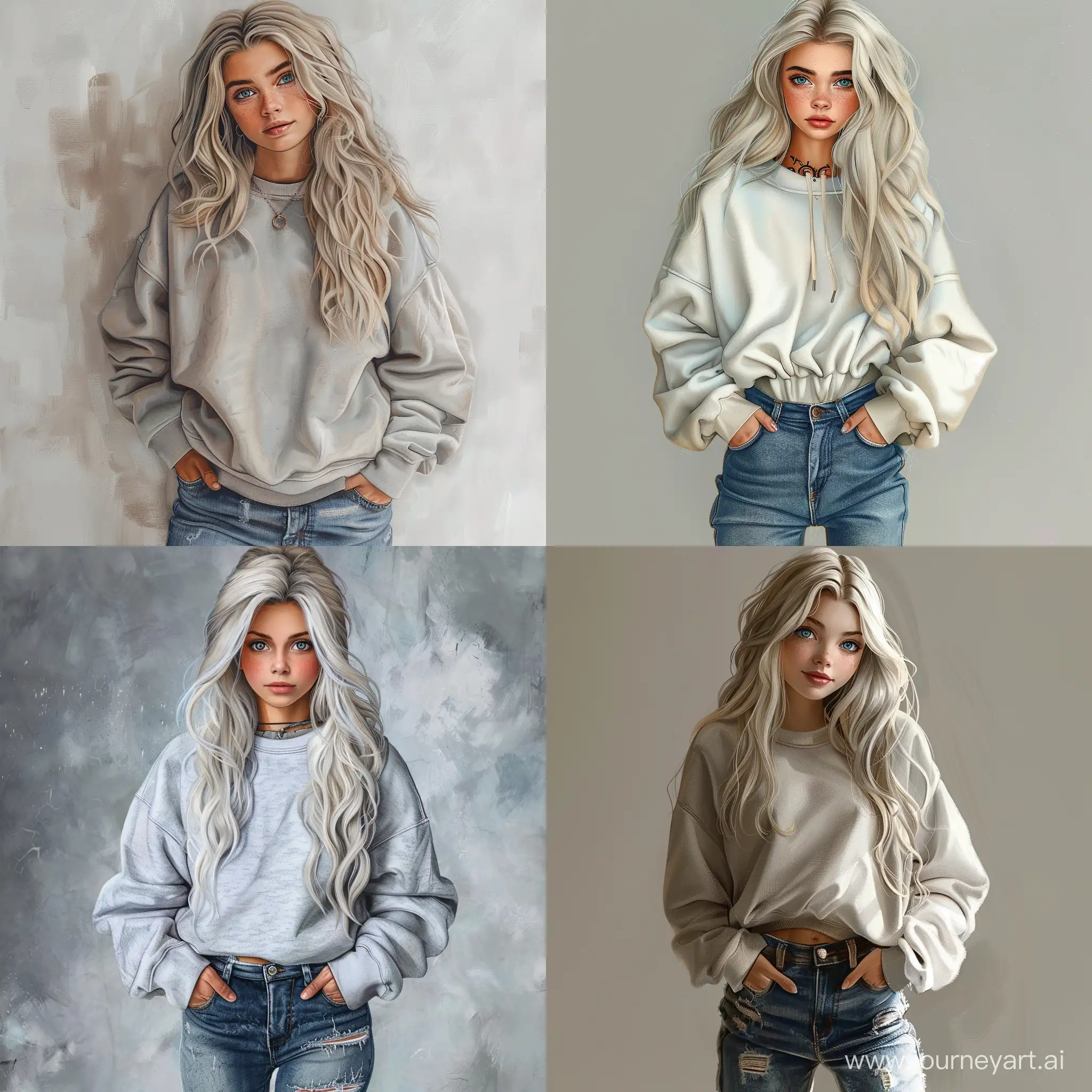Beautiful girl, blonde hair, gray-blue eyes, white skin, teenager, 15 years old, jeans and oversize sweatshirt, high quality, high detail, realistic art