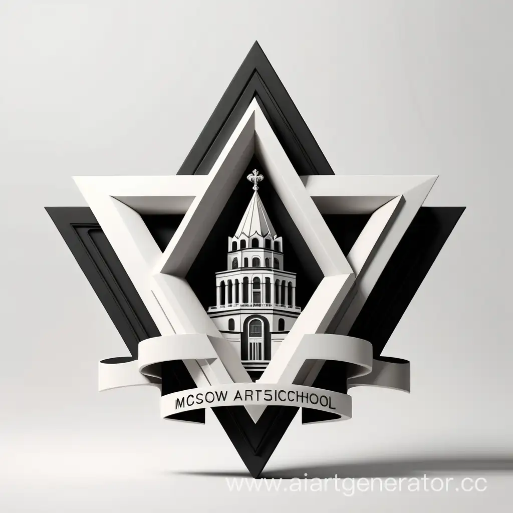 эмблема объемная, треугольная, минимализм, черно-белая с элементами колонн, посвященная юбилею 275 летию московской архитектурной школе