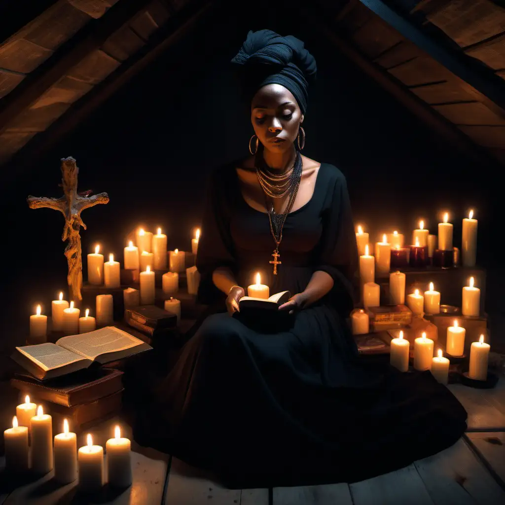 a hoodoo lady sitting in a dark attic with a lot of candles around her. She has on a long black dress with a black headwrap. She is sitting on the floor with the candles all around her. There are spirits floating around her. Her eyes are closed. She is carrying a holy bible in her hand