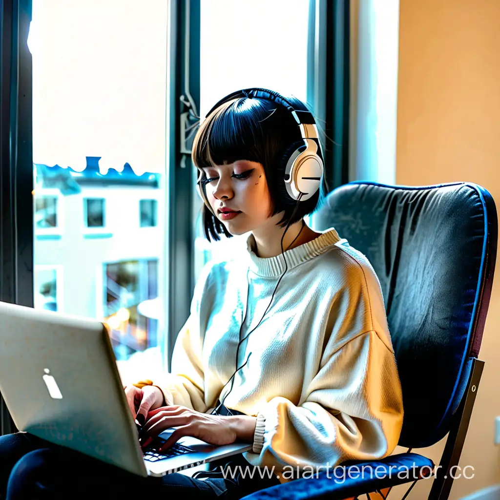 Young-Woman-with-Dark-Bob-Haircut-and-Laptop-Listening-to-Music-by-Window