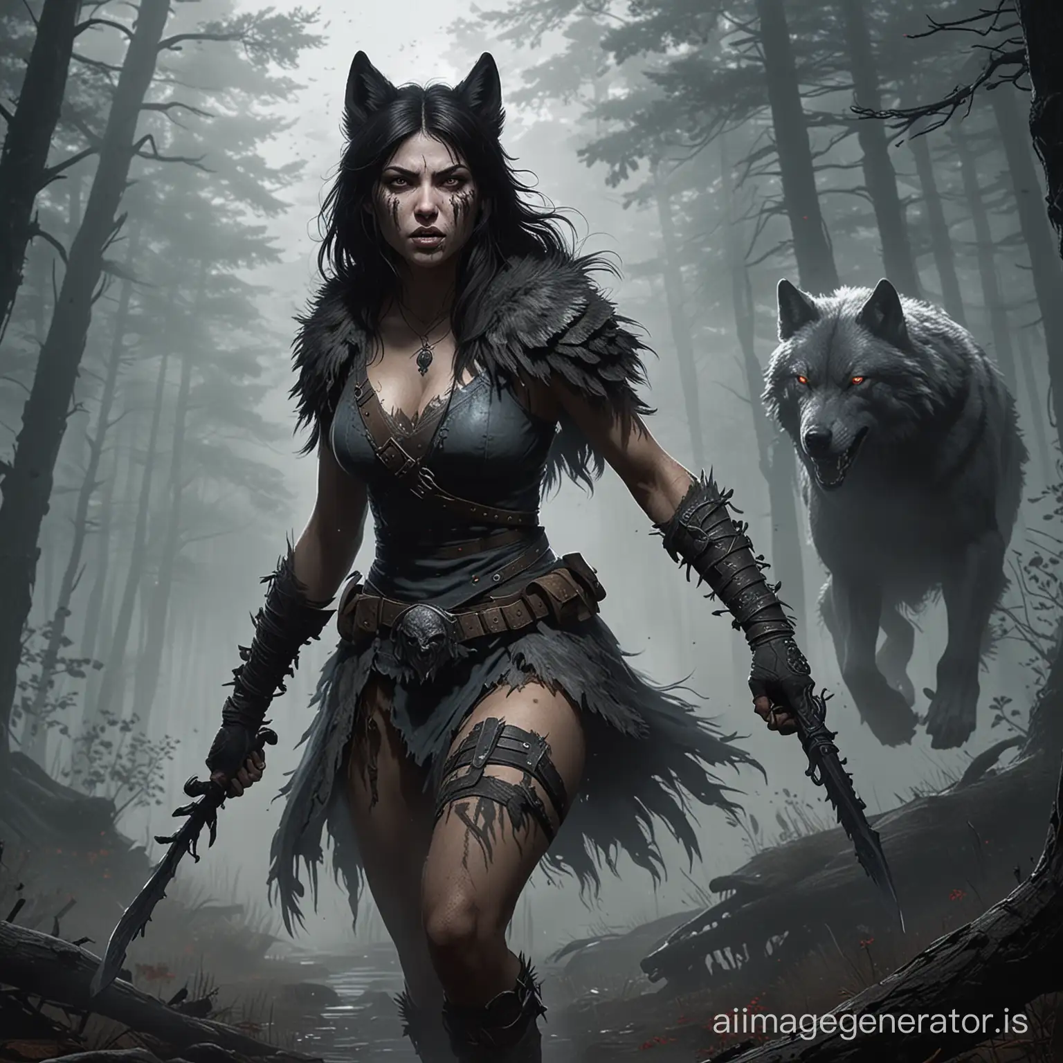 Wolf Maiden with dark hair armed for the fight side by side with Alpha Wolf  striding into forest into the fog to fight the dead by daylight entity lurking there.