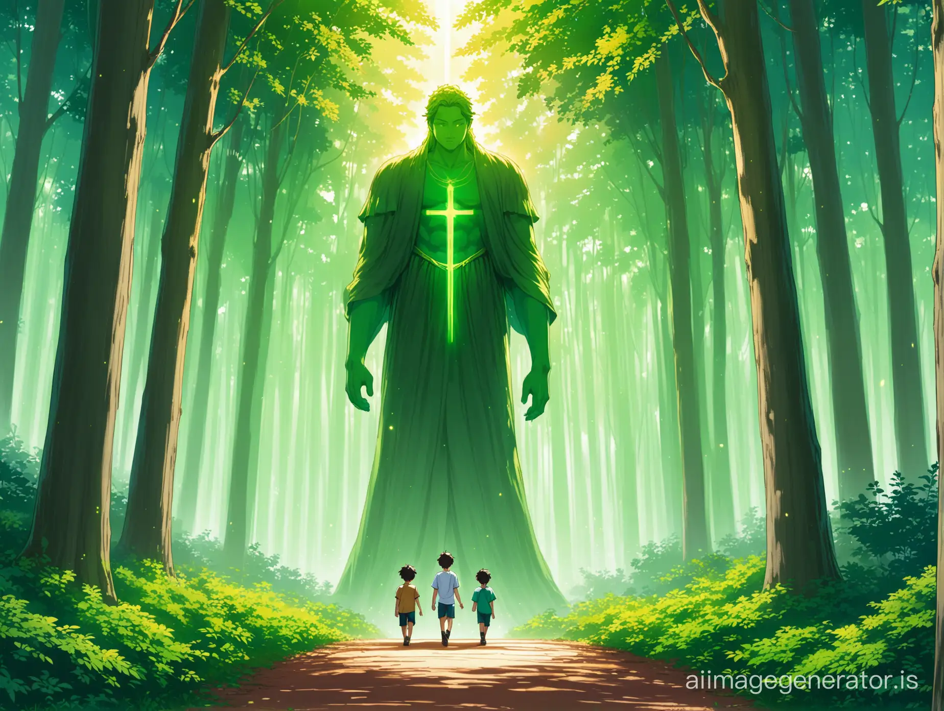 3 boys walking in a forest and a god appearing in front of them