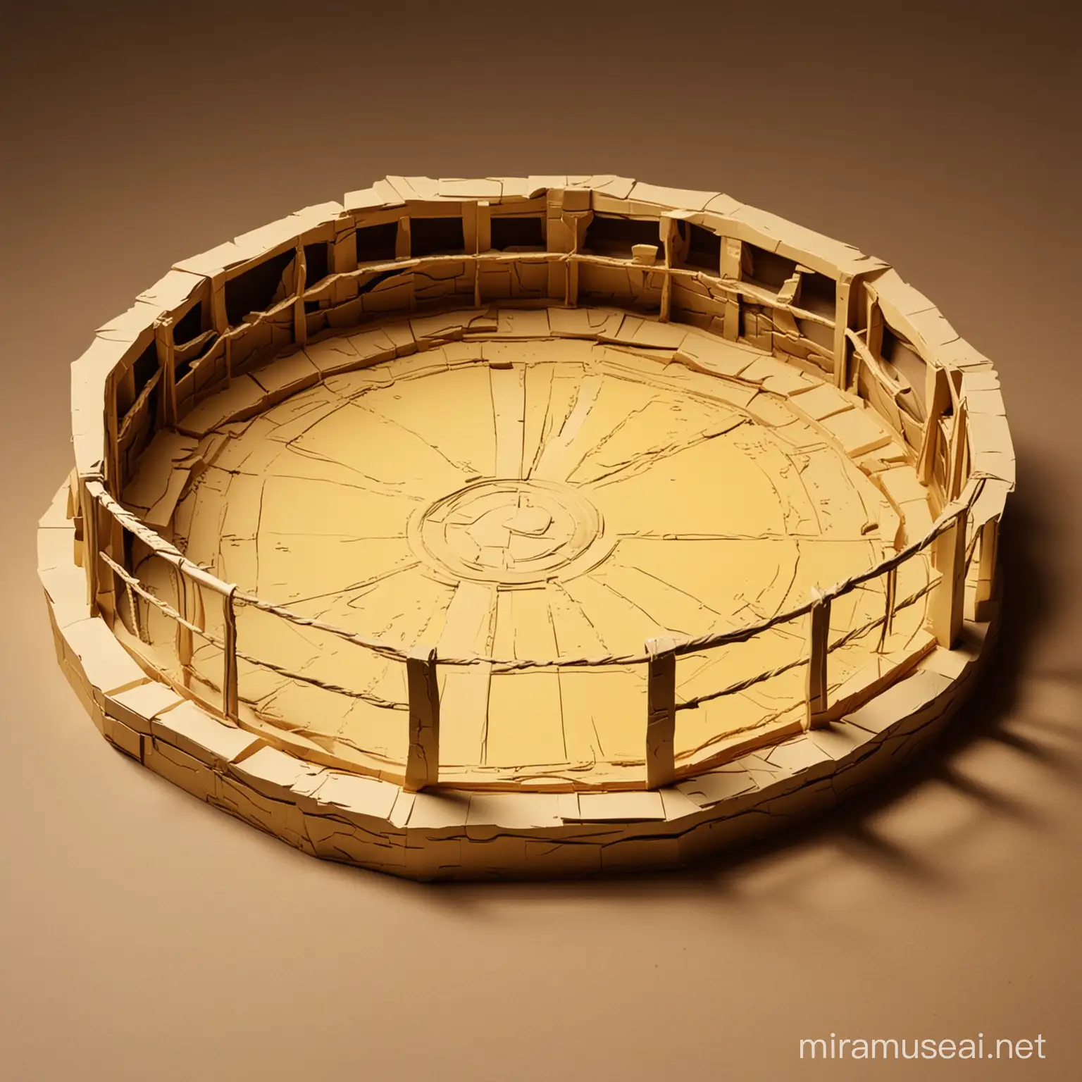 a golden empty underground fighting ring with yellowish hue in a paper-cutout style