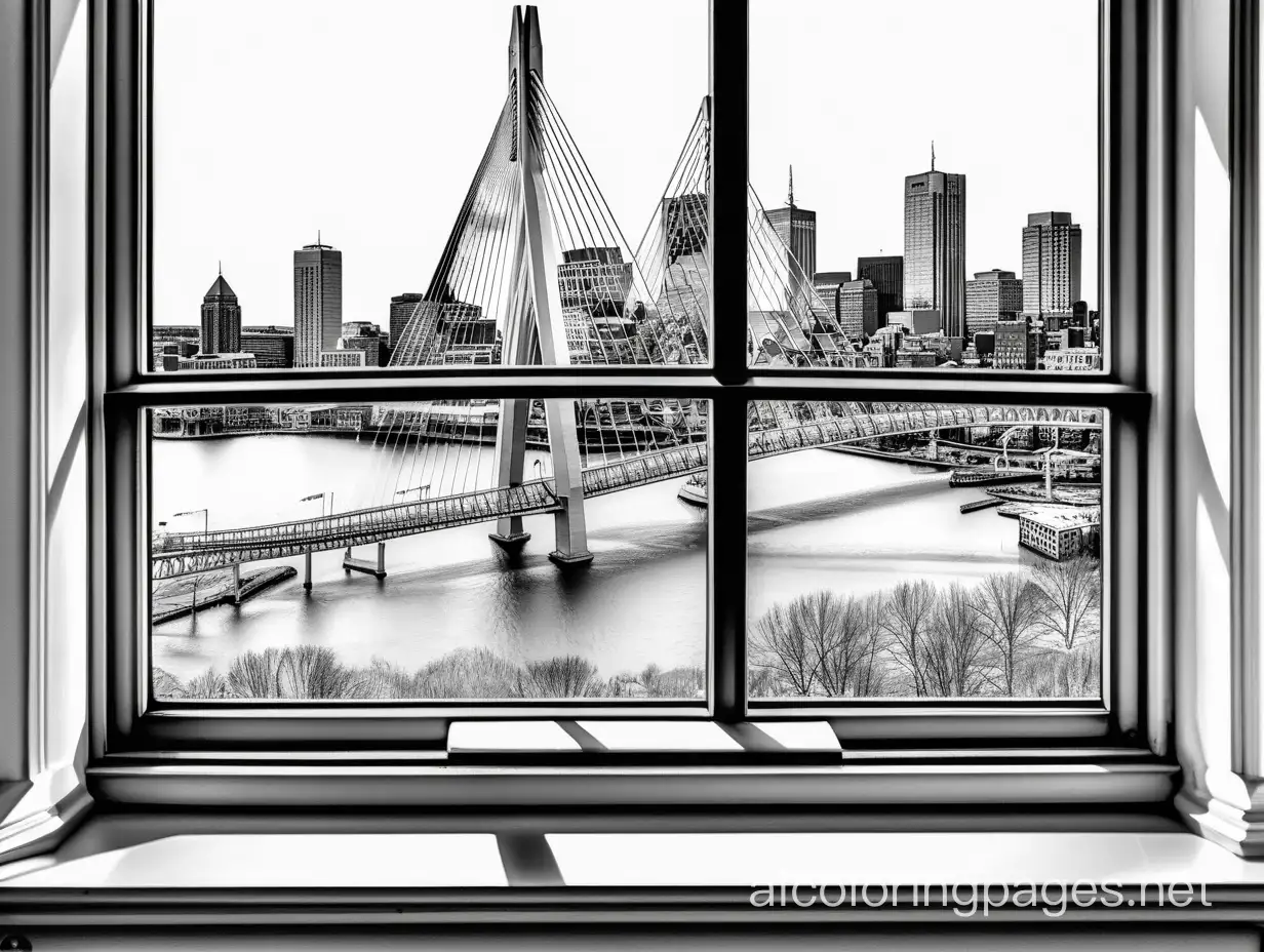 looking through an vintage window at the boston skyline ((including Zakim Bridge)), precise details, accurate proportions, (((everything is isolated in white space))), Coloring Page, black and white, line art, white background, Simplicity, Ample White Space. The background of the coloring page is plain white to make it easy for young children to color within the lines. The outlines of all the subjects are easy to distinguish, making it simple for kids to color without too much difficulty