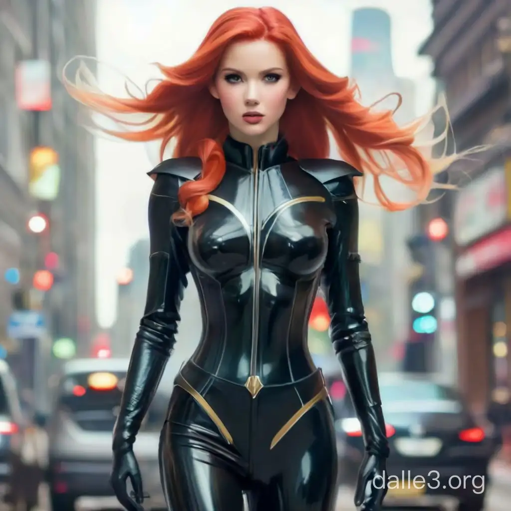 A redhead supergirl in black latex biker style catsuit and high heeled boots,9:16 aspect ratio, photorealistic style 