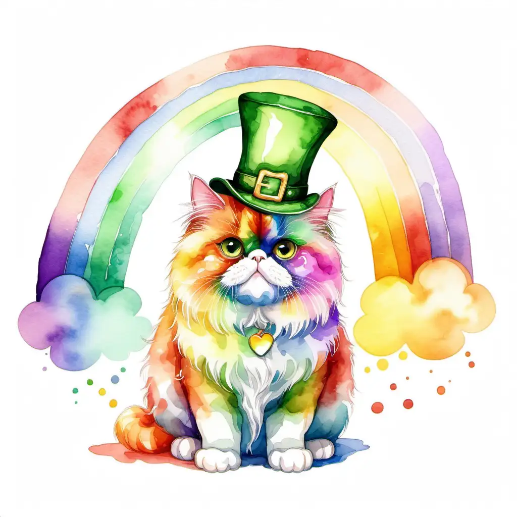 watercolor style, a leprechaun persian cat in front of a rainbow on a white background.
