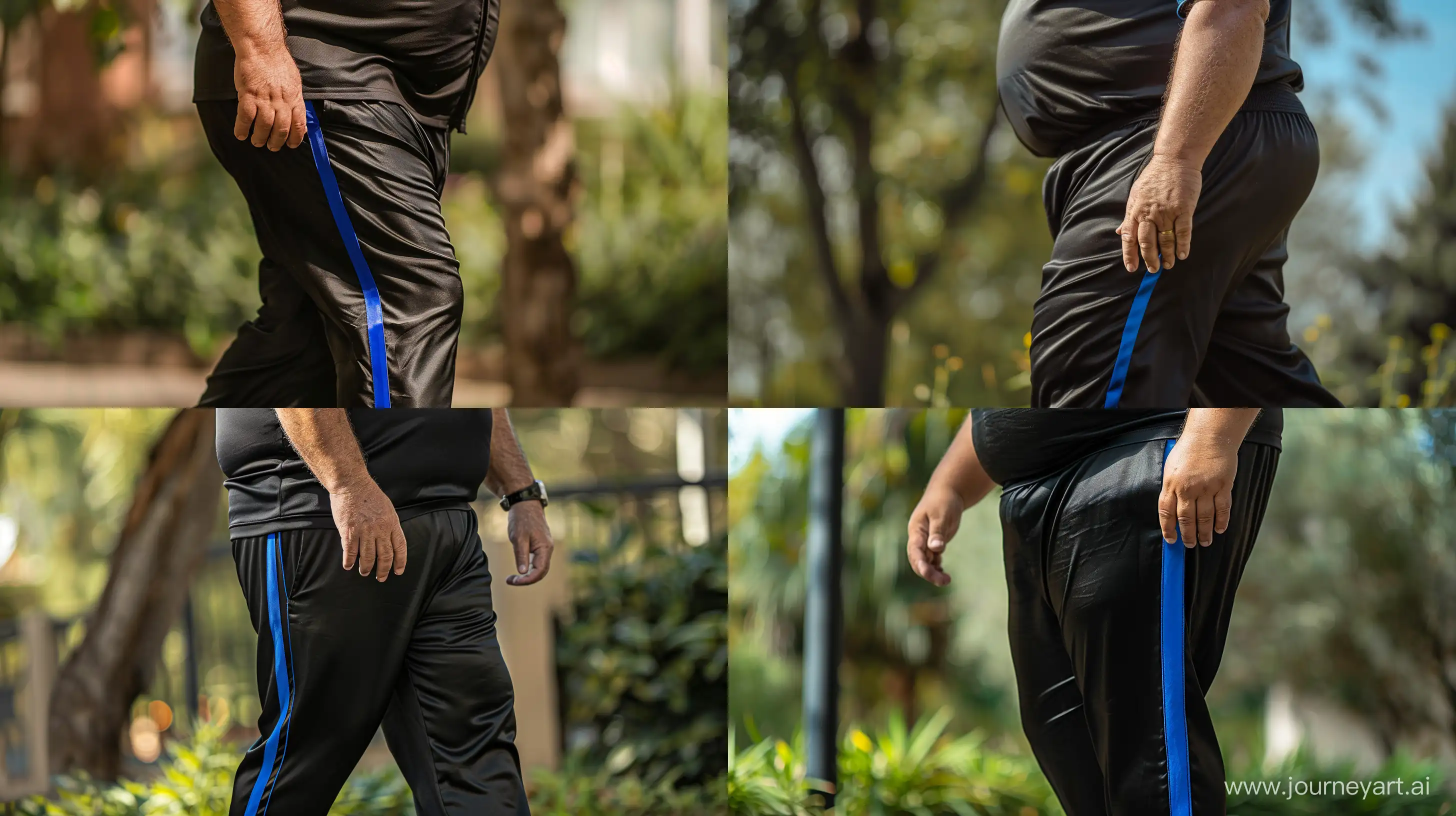 Lateral view close-up waist level photo of a fat man aged 60 wearing silk black tracksuit pants with royal blue stripe on the leg and a tucked in silk sport polo shirt. Walking Outside. --style raw --ar 16:9