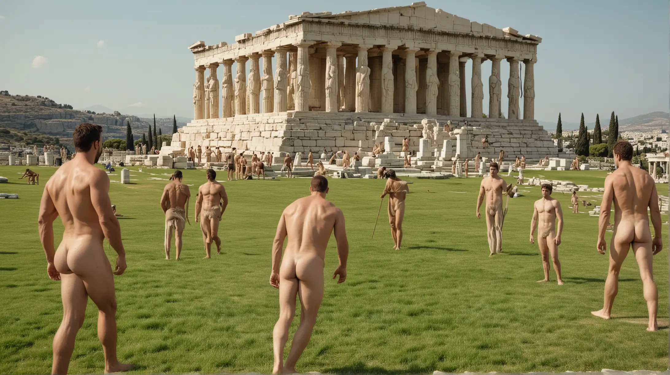 a big grass lawn in ancient greece,  in the background are muscular naked homoerotic statues of greek gods in the background