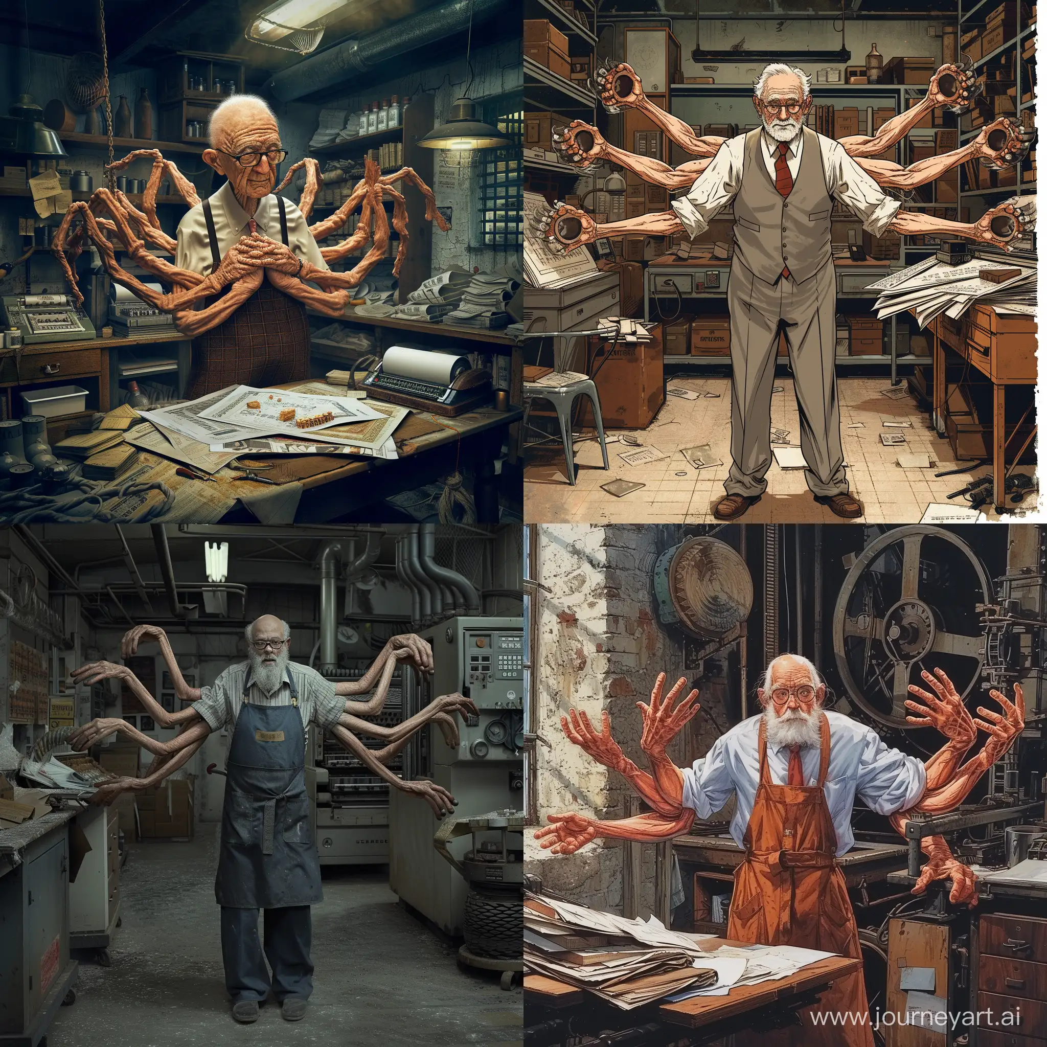 Multitasking-Grandfather-in-Printing-House-with-Eight-Arms