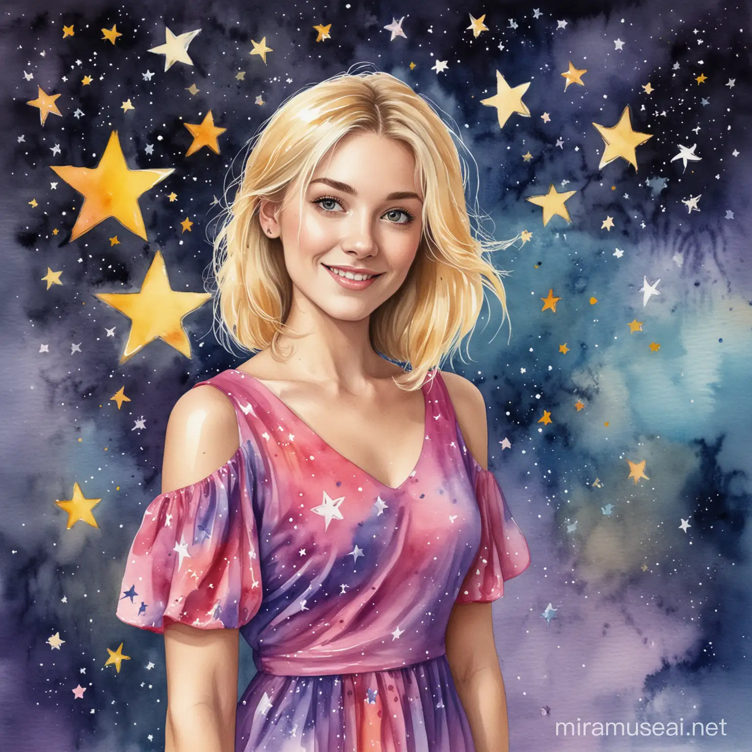 create me a picture as a watercolour artwork of an art teacher who has shoulder length blonde hair and wears colourful dress. The image needs to have a school and stars in the background. There needs to be a banner that says "Rosebank Rockstar" she should have a paintbrush in her hand.  whimsical