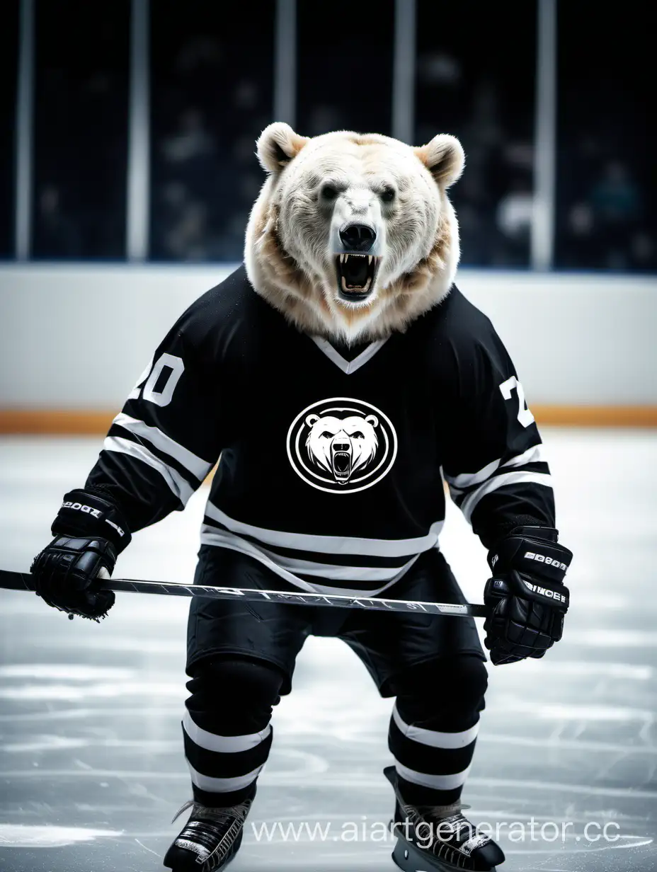 Злой белый медведь в черной хоккейной форме на льду