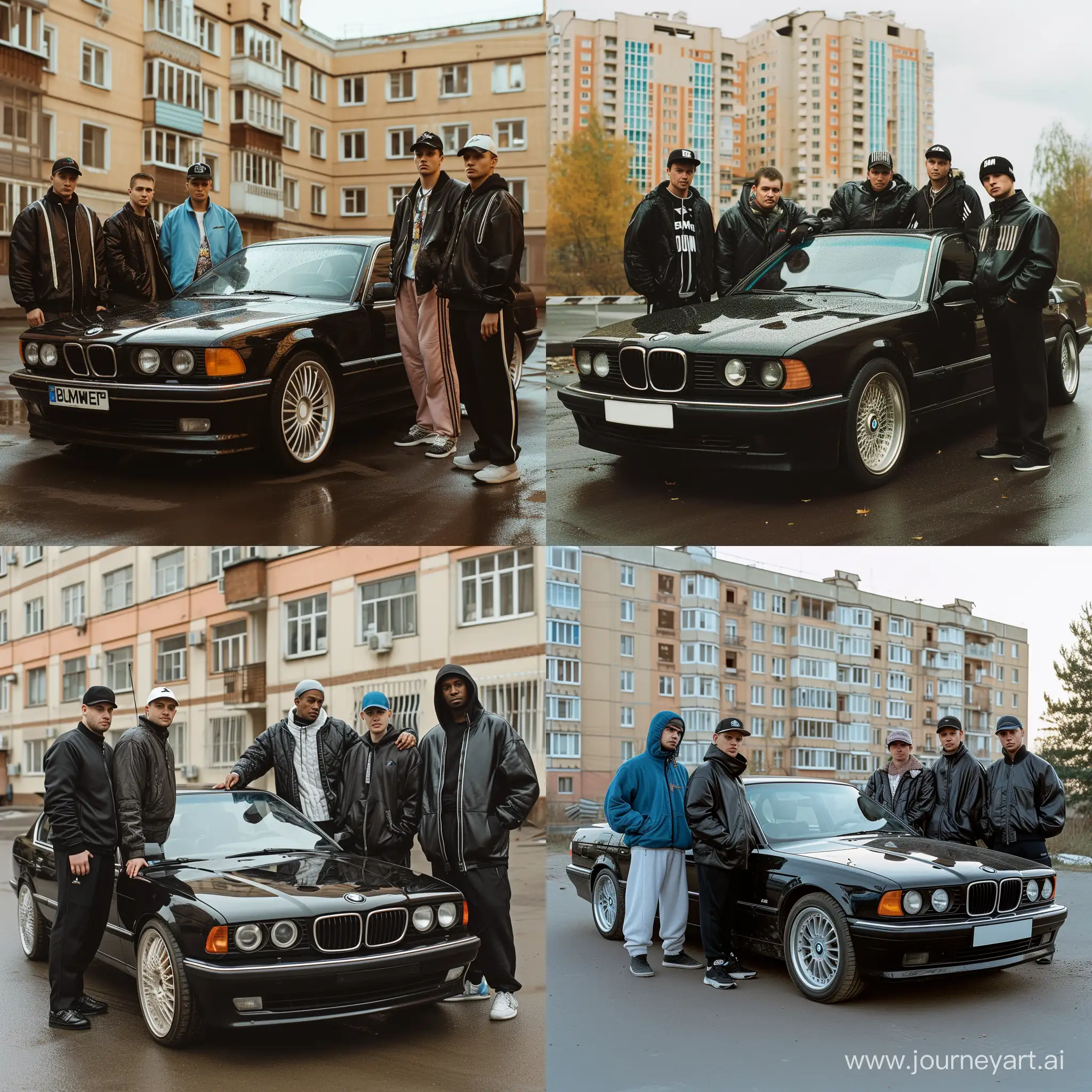 Come up with a background for the movie "Boomer", the action takes place in the late 90s in the Moscow region, be sure to: black bmw 750iL (E38), four friends, tracksuit, baseball cap, leather jacket, windbreaker, sweatpants
