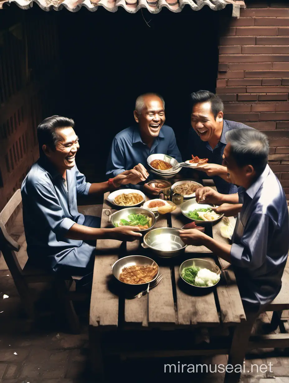 Bird eye view of Closed up of dishes of middle age malay men sitting in old brick stall on wood chair, one of the men is laughing, the dishes are on the table, ray of light, blur background of people in the stall , morning scene, eating lunch.