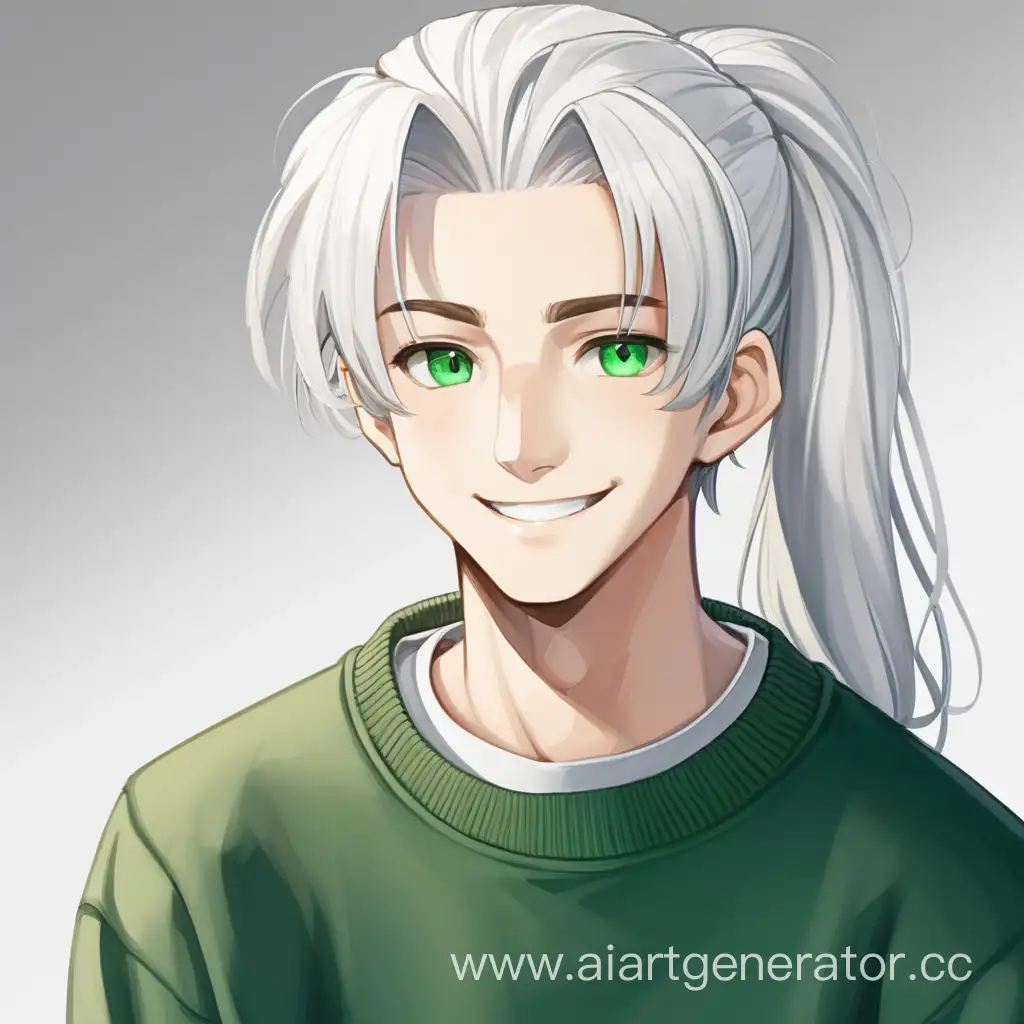 Парень 15 лет. Белые волосы. Зелёный джемпер. Белая рубашка. Зелёные глаза. Закрытая улыбка. Длинные волосы собранные в хвостик.