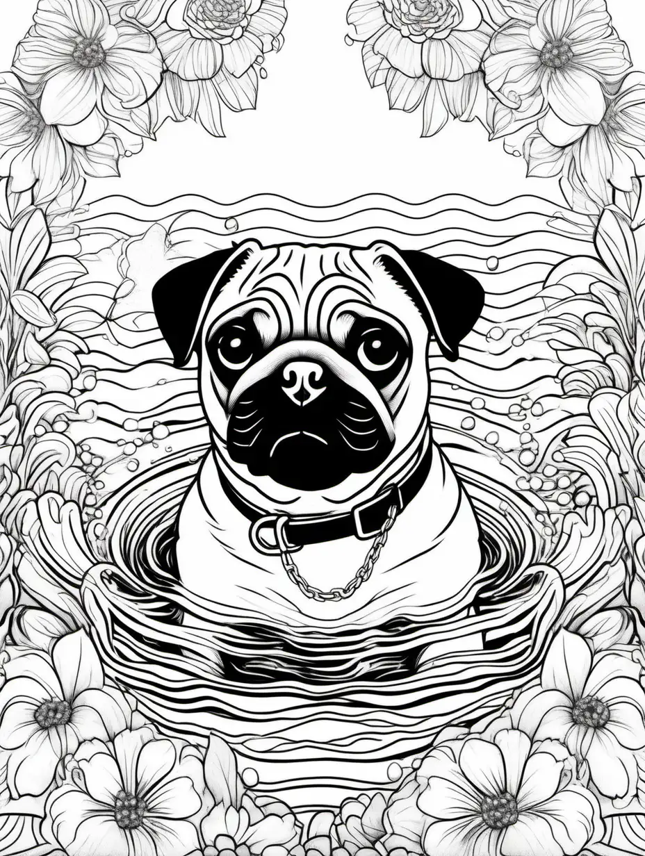 draw me a black and white coloring book page of a pug dog swimming and wearing a chain with a floral background