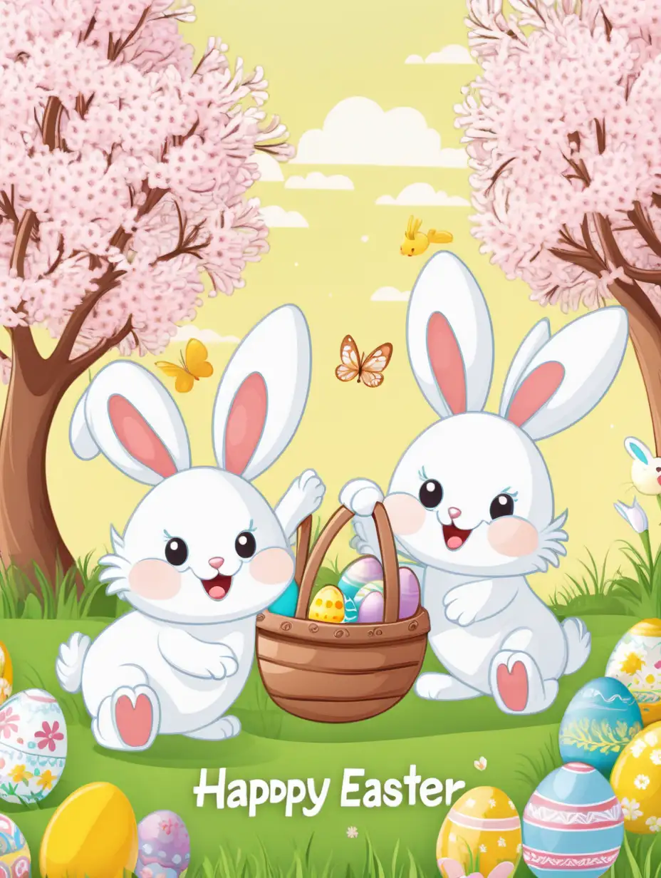 kawaii happy easter in spring cartoon