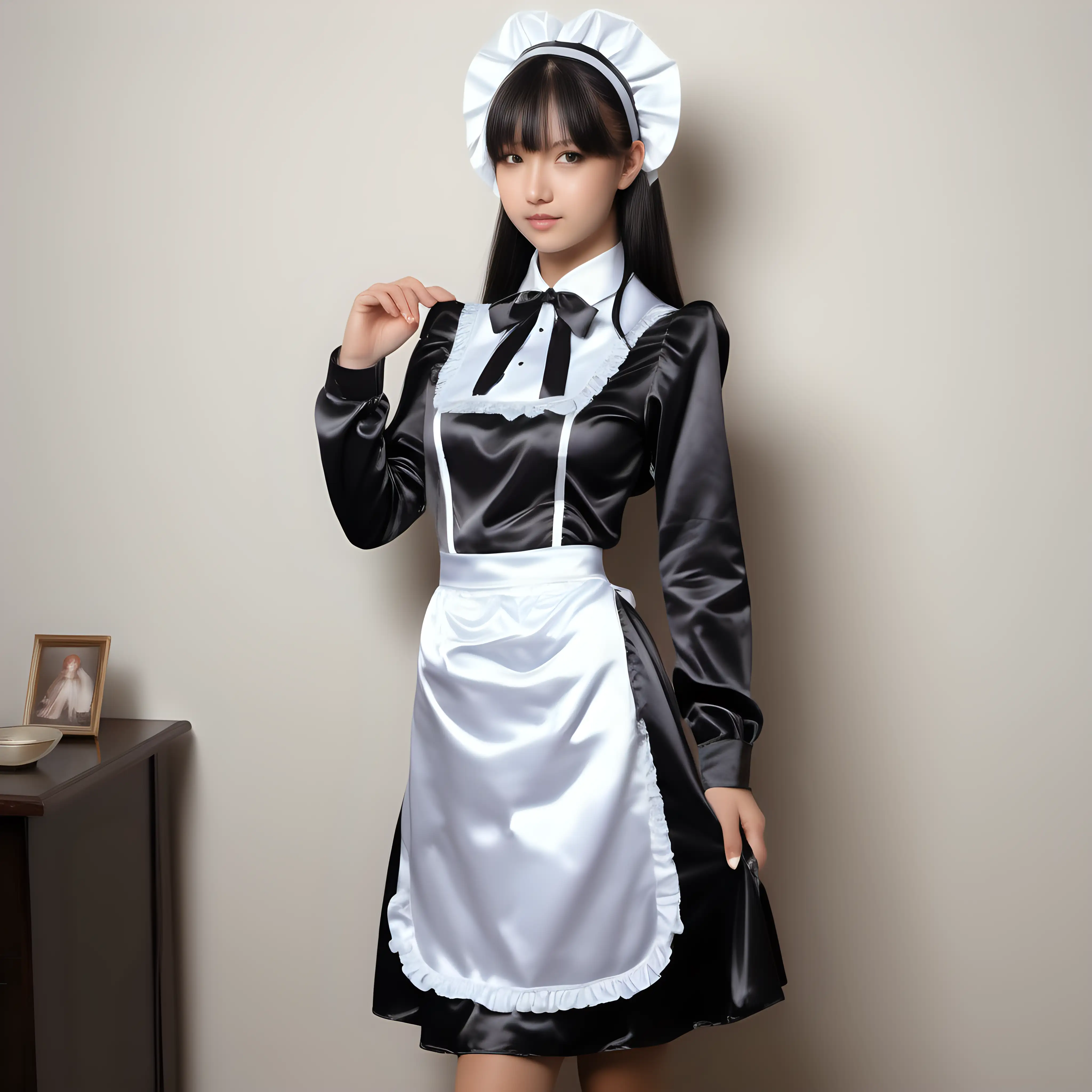 Girl in satin long maid uniforms