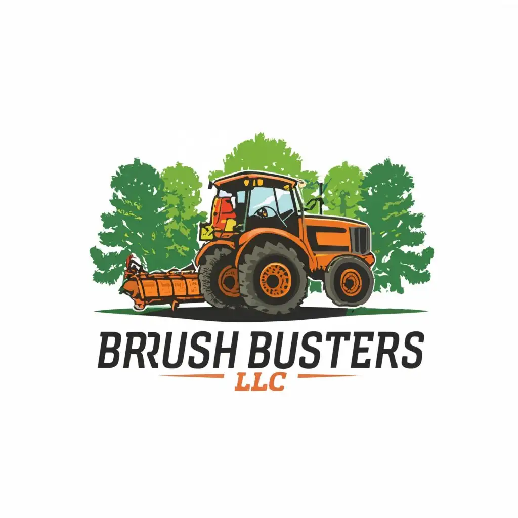 logo, Orange tractor pulling a bush hog out of the forest, with the text "Brush Busters LLC", typography