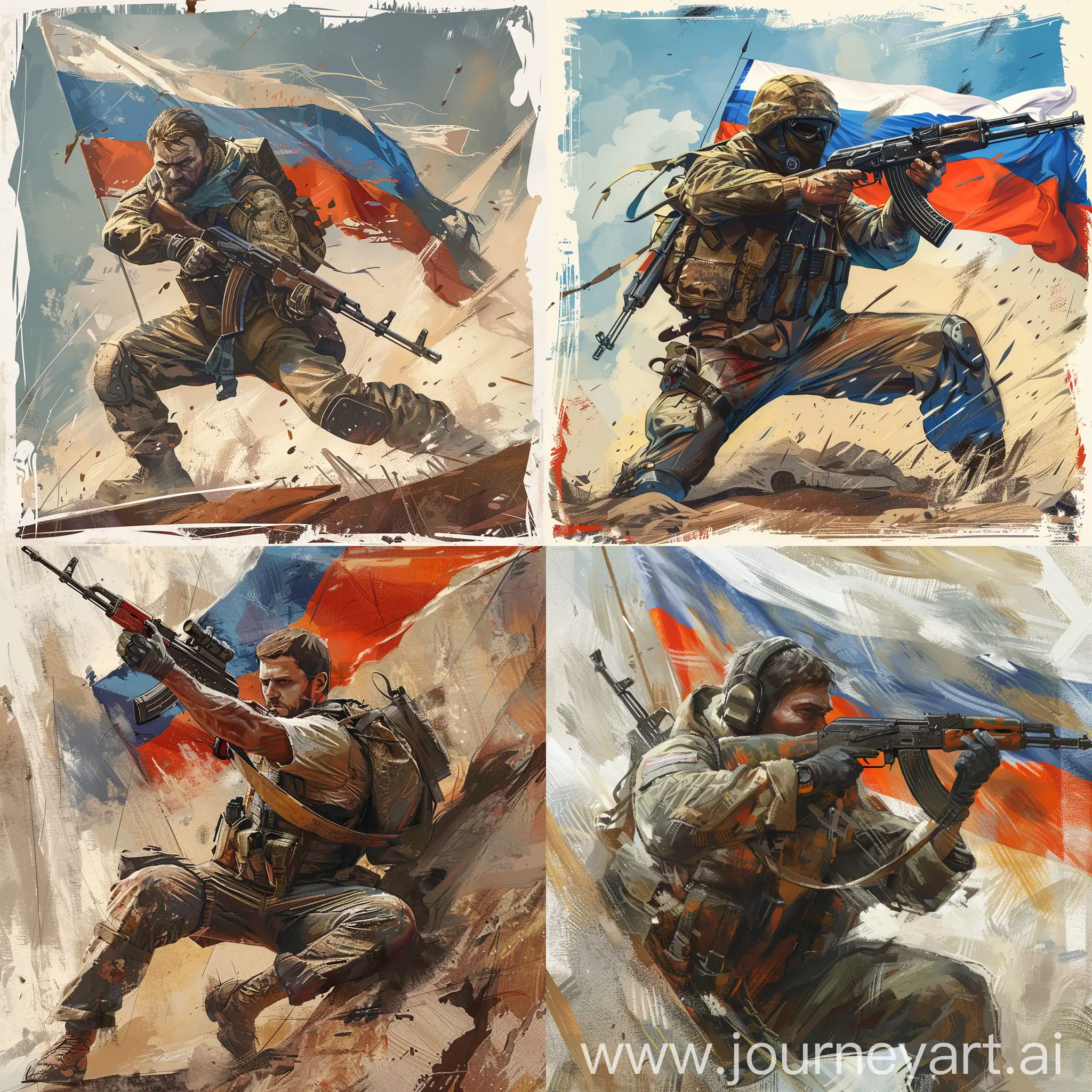 Russian modern soldier, AK-12, cool weapons, with the Russian flag, in the style of a Soviet postcard, epic, dynamic pose