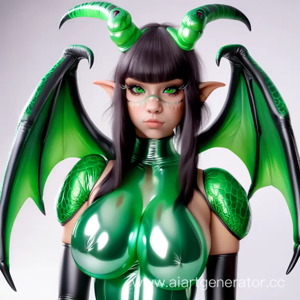 Латексная девушка фурри дракон с зеленой надувной латексной кожей с мордой дракона вместо лица. С большими крыльями