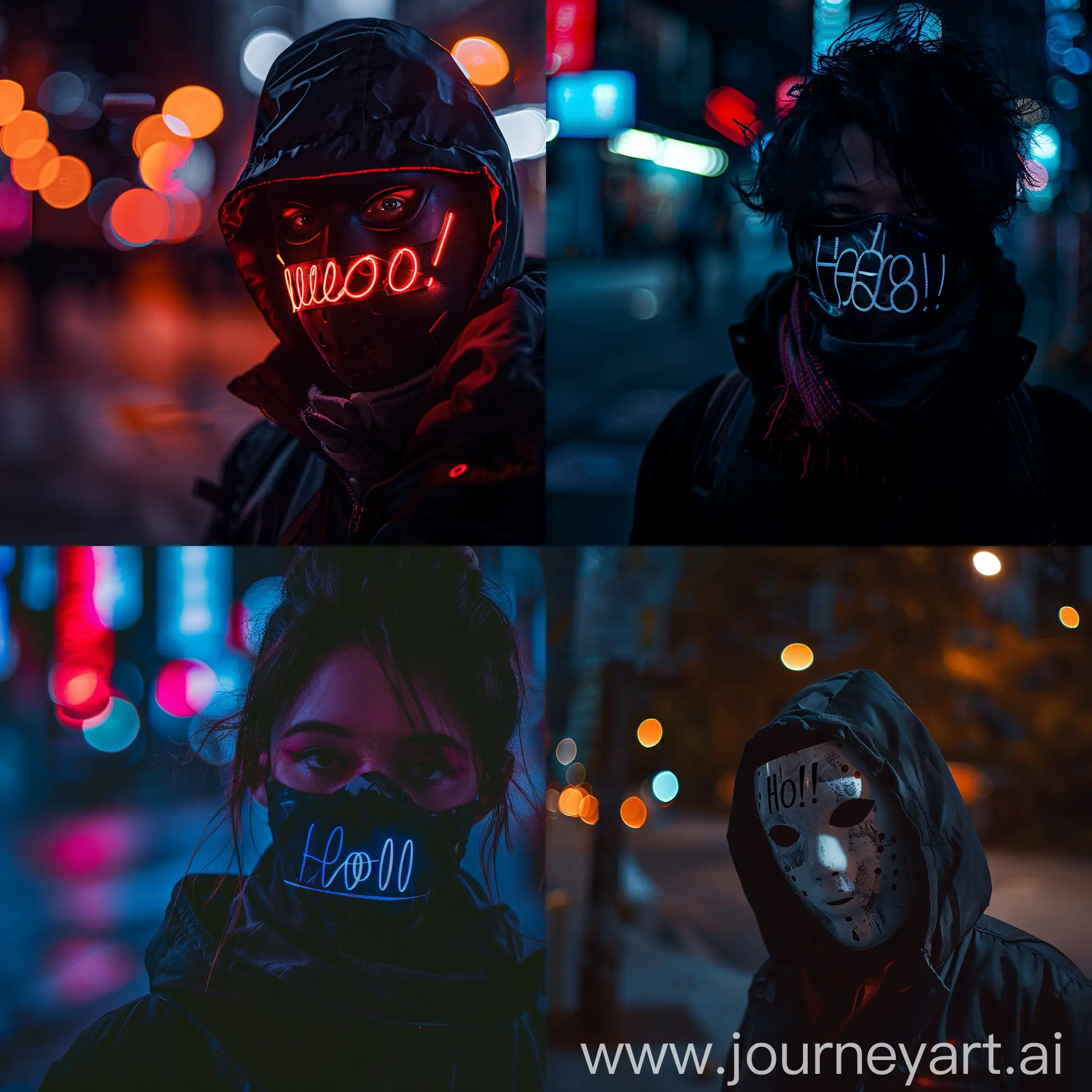человек в кибер маске,ночная улица,на маске кибер надпись,слово привет,реалистично