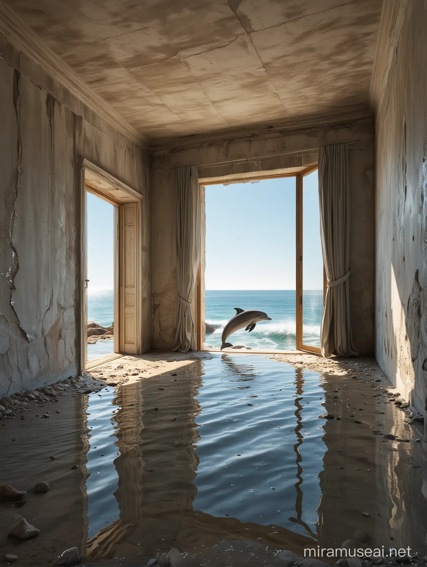 Immagina una foto realistica e accattivante di un ambiente degradato e sporco, senza pareti, solo delle tende aperte sembrano sostenere il soffitto. Il pavimento è uno specchio di acqua leggermente increspata da cui affiorano lastre di pietra dai bordi irregolari. Un delfino salta fuori dall'acqua al centro della stanza sollevando spruzzi d'acqua. L'acqua è trasparente e tranquilla e sotto la superficie si vedono pietre in trasparenza. Fuori dalle tende si vedono scogliere assolate. Il mare è mosso e c'è vento. Ombre luminose e trasparenti all'interno dell'ambiente, riflessi dell'acqua sulle pareti. Aggiungi dettagli accurati e realistici alla scena. L'atmosfera è misteriosa e affascinante, molto piacevole ma inquietante. Il senso di abbandono del luogo è evidente. Moltiplica gli effetti di luce e i riflessi nell'ambiente. 