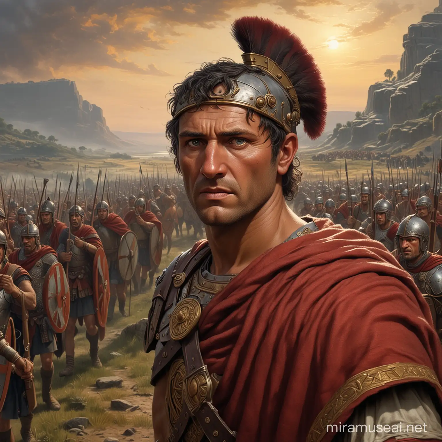 The dawn of Caesar's conquest: a brilliant strategist leading his troops through the rugged terrain of Gaul, his gaze fixed on victory.