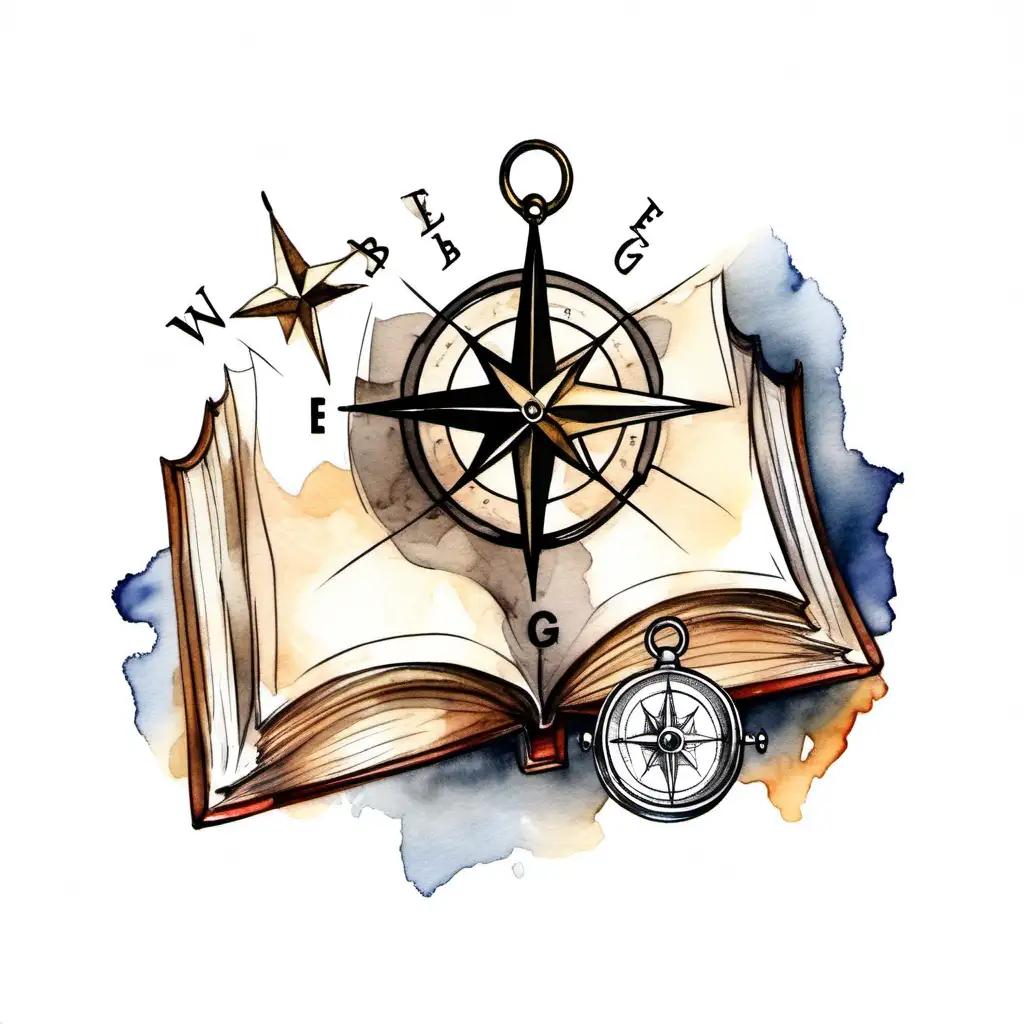 logo for a blog containing an opened book and a compass. sketch, watercolor stile, white background