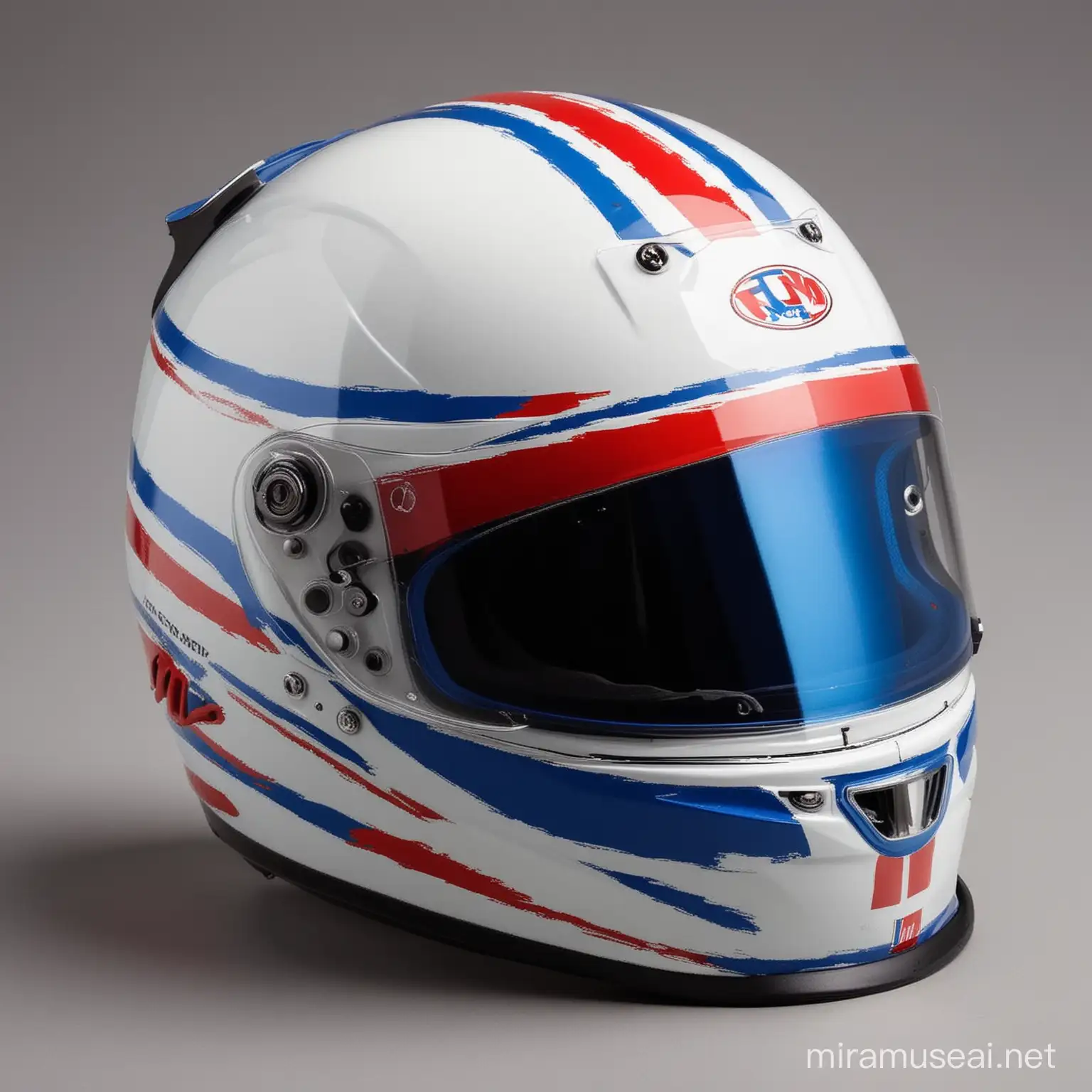 A racing helmet that is white and blue with red lines