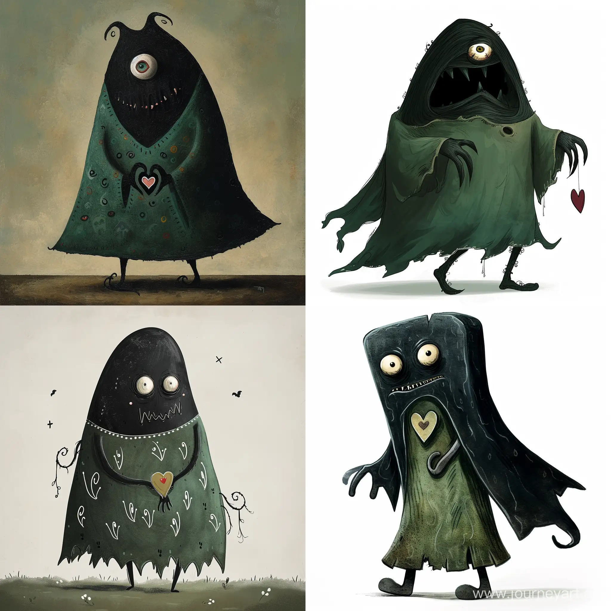 Big black spooky figure with a scary face who walks in a green robe and has one eye and has a heart in his hands