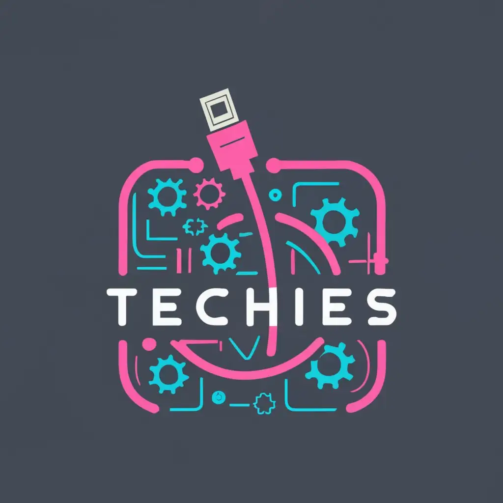 logo, cable connector cyberpunk style pink and blue, with the text "Techies ", typography