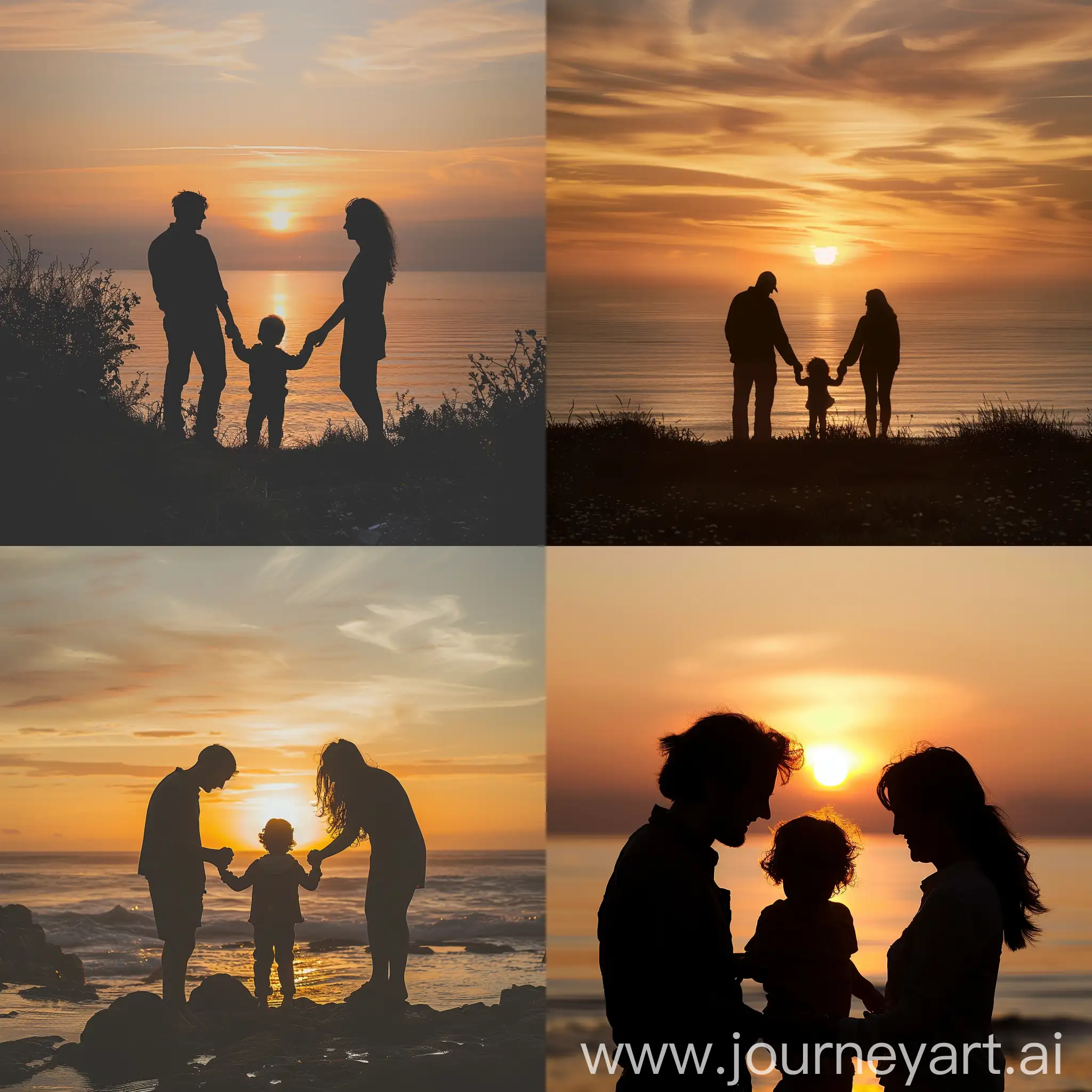 Warm-Family-Silhouette-Watching-Sunrise-at-Seaside