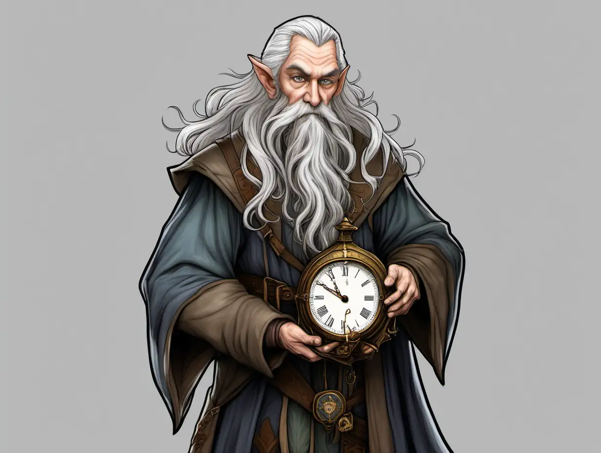 Middle aged Elf, Danish, medieval wizard clock, long grey hair, D&D character, no background