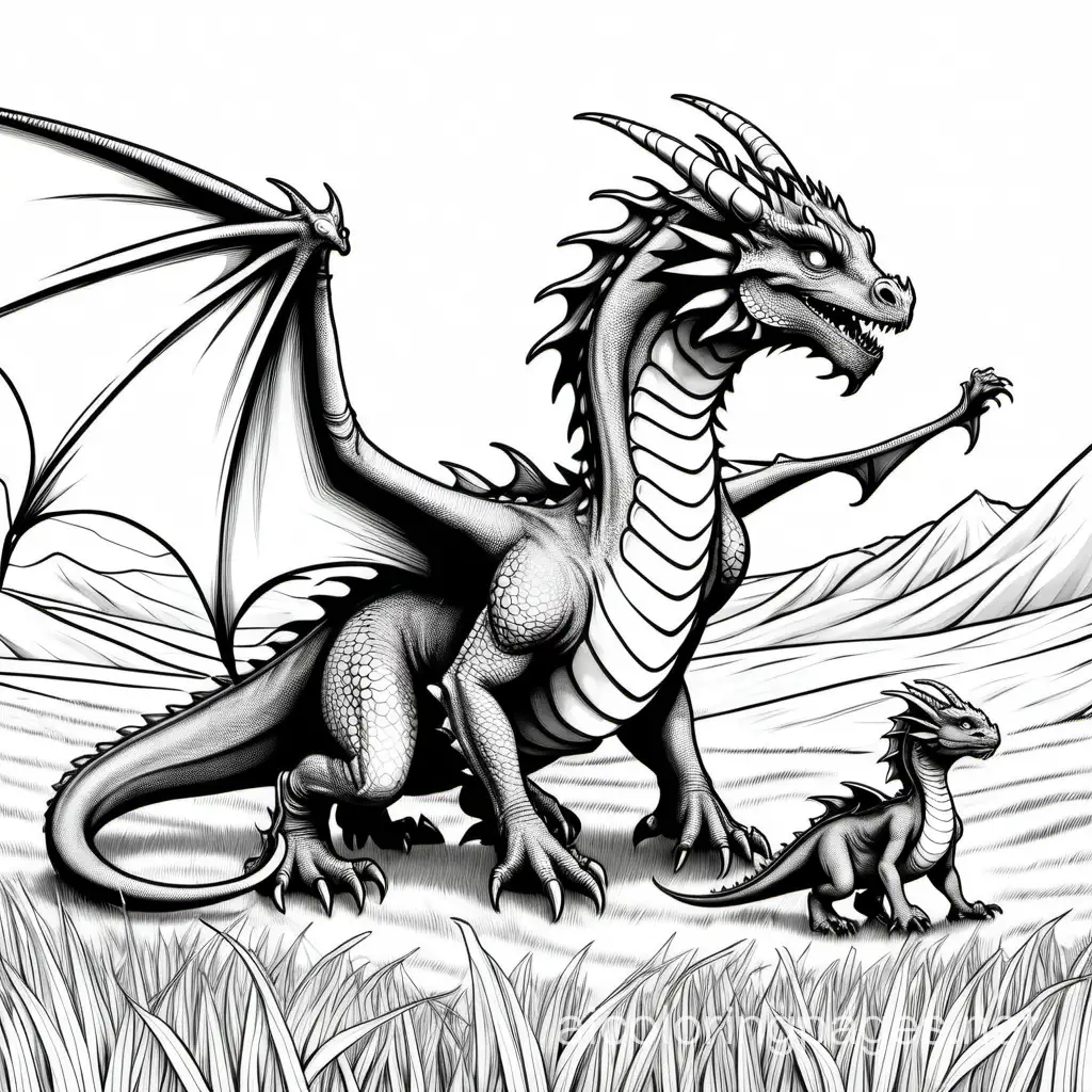 realistic  mom dragon  in an open field out with her baby dragons , Coloring Page, black and white, line art, white background, Simplicity, Ample White Space. The background of the coloring page is plain white to make it easy for young children to color within the lines. The outlines of all the subjects are easy to distinguish, making it simple for kids to color without too much difficulty