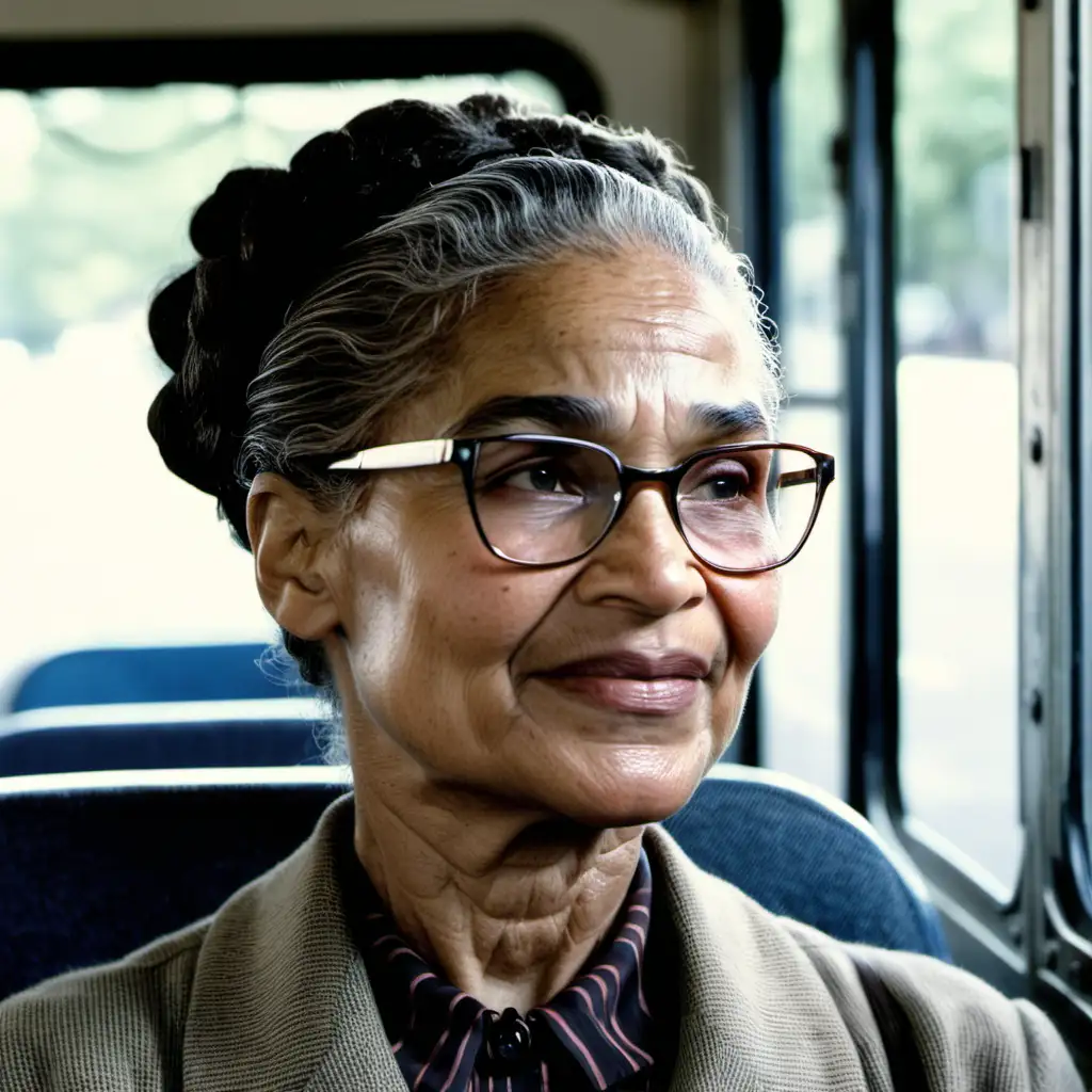 Rosa Parks with Glasses Seated at Front of Bus