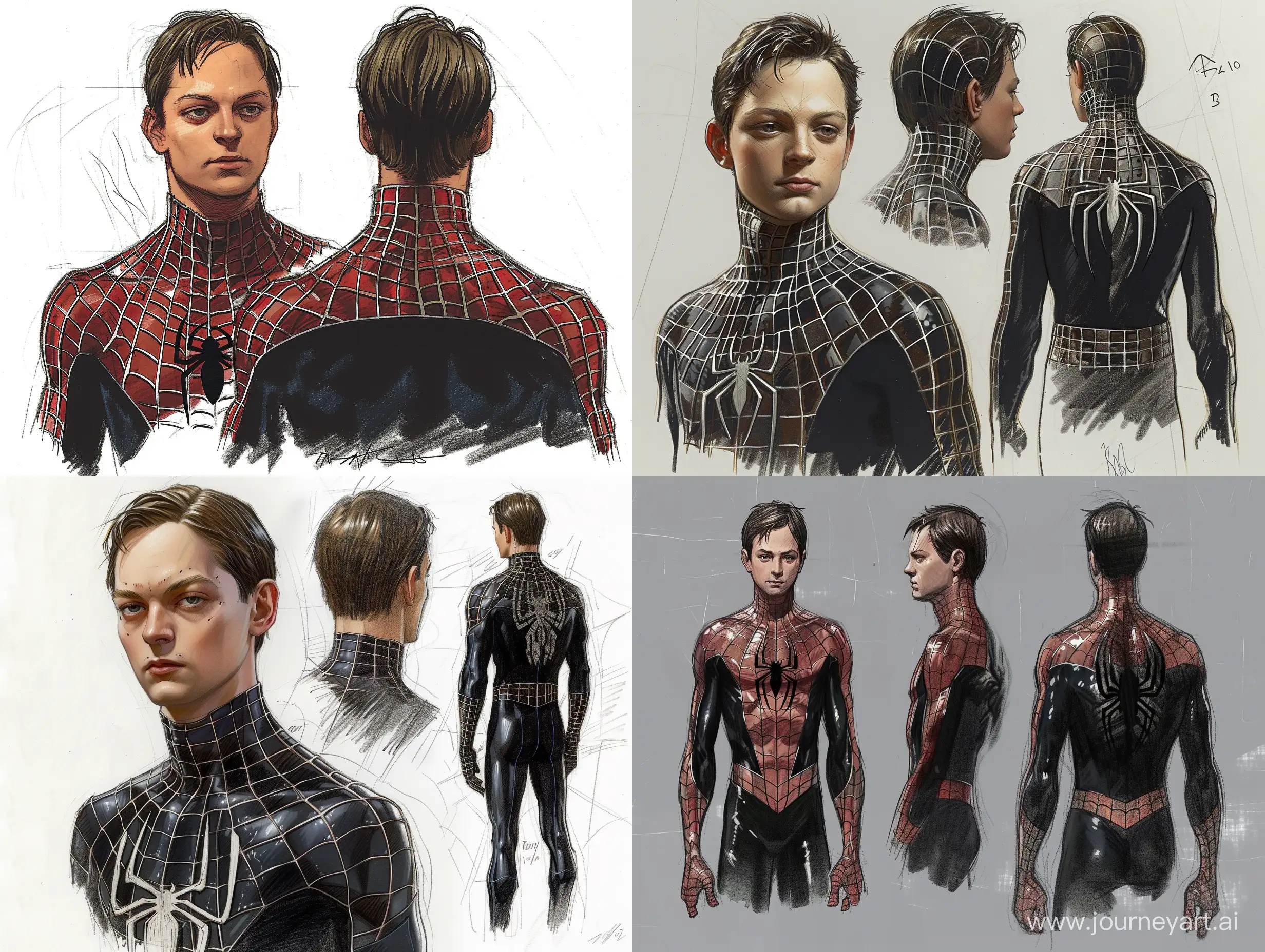 Tobey Maguire Front back side view concept drawing work Spider Man 3 black symbiote costume Concept Drawing Tobey Maguire face