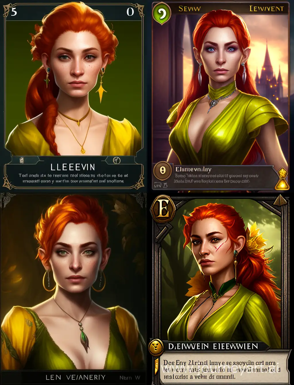 Ida Emean Aep Sivney: Elven features, with pointed Elf ears. Green eyes, flaming red hair.   Wearing a Sleeveless bright yellow gown with a deep plunging V neckline.  No jewellery. Use the Gwent art from the games as inspiration for her.  Create a single waist up realistic portrait of her. 