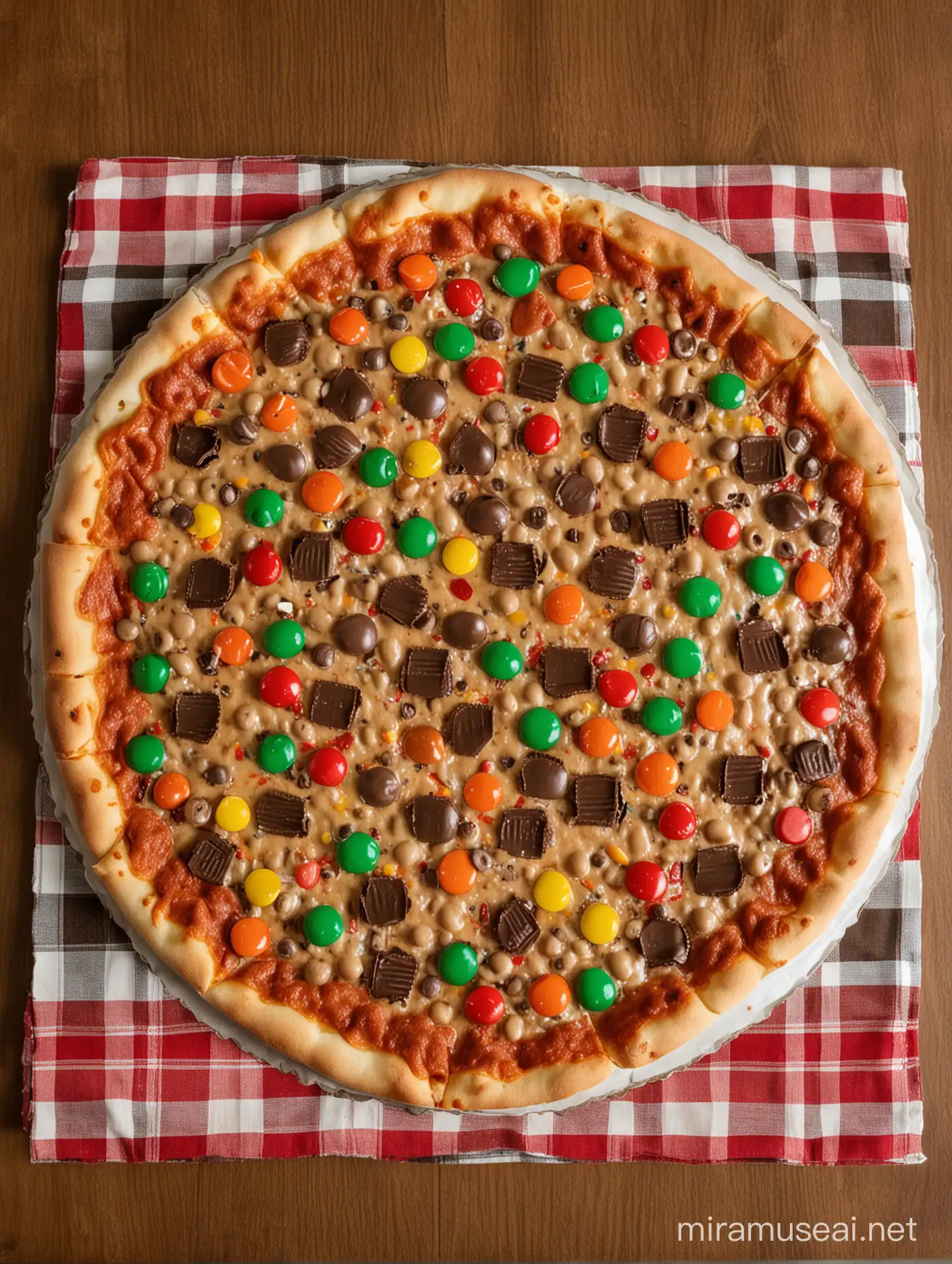 A delicious looking pizza with M&M’s and Reese’s Peanut Butter cups on it. It is laid upon a table with a checkered tablecloth. 