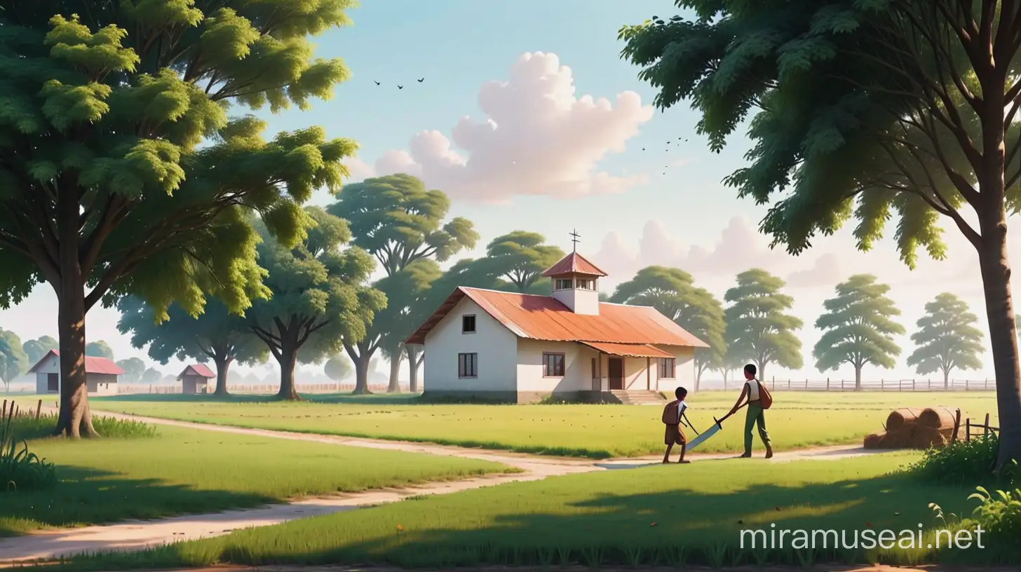 Small rural school with trees around, low grass and view from a low angle, without children and a single farmer right outside the school cutting grass with a machete. animation 2D. White background