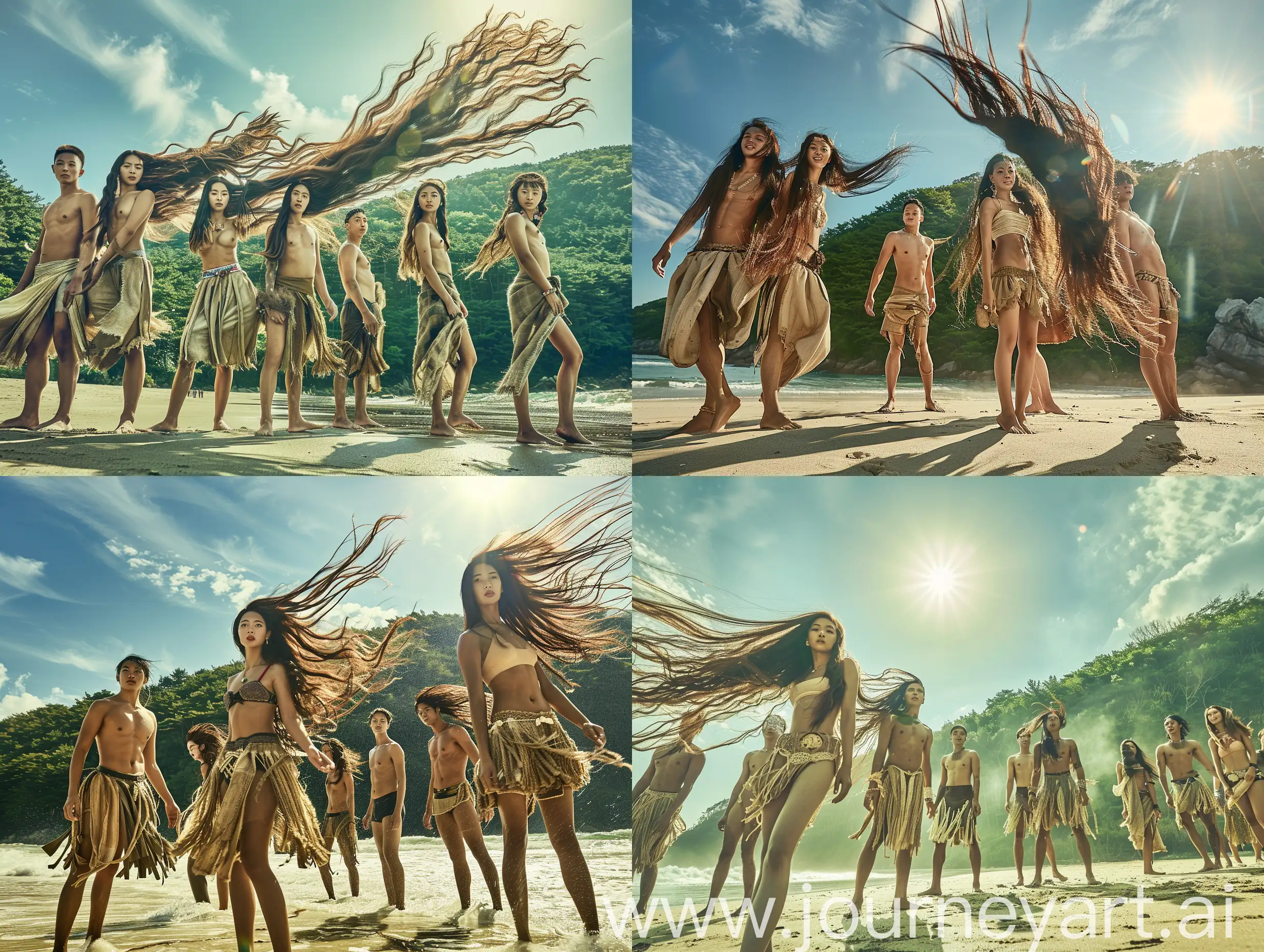 Image of tribal Korean men and tribal Korean women posing for a hair advertisement photoshoot. Standing with model like attitude and facing the camera on an island with their long silky shiny hair flying with the wind. Sun light bouncing on their hair. They are standing on the beach and behind them is a green forest that looks magical. It is a bright sunshine day with blue sky and some light clouds visible dramatically. Women are wearing authentic tribal clothes like tattered skirts and tube tops, very stylish Men are wearing just a cloth to cover their bottom with the upper body bare. Dramatic low angle shot with depth visible behind the people.