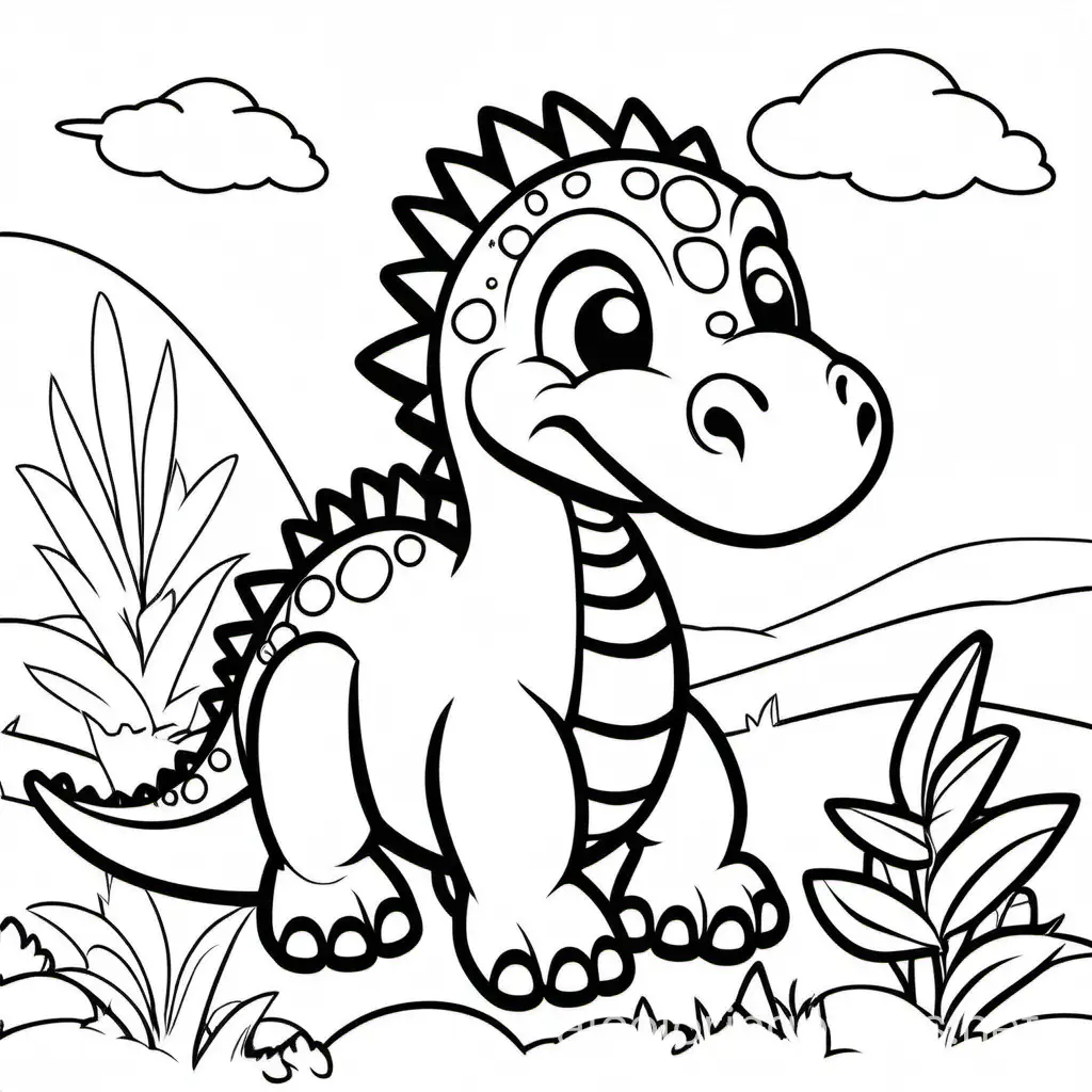 baby dino coloring page, Coloring Page, black and white, line art, white background, Simplicity, Ample White Space. The background of the coloring page is plain white to make it easy for young children to color within the lines. The outlines of all the subjects are easy to distinguish, making it simple for kids to color without too much difficulty