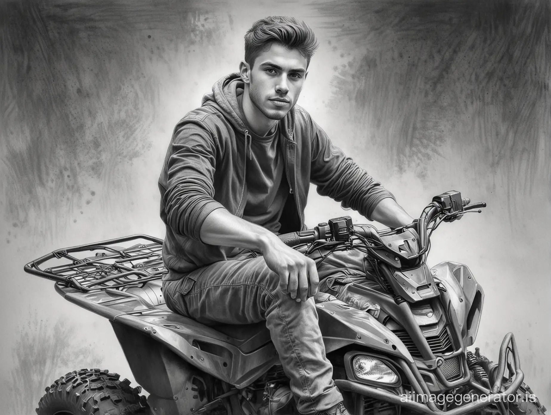 Create wide portrait of an Black and white pencil  sketch of a young modern man, posing with attitude, Sitting on a Atv, full atv should be visible, Realistic.