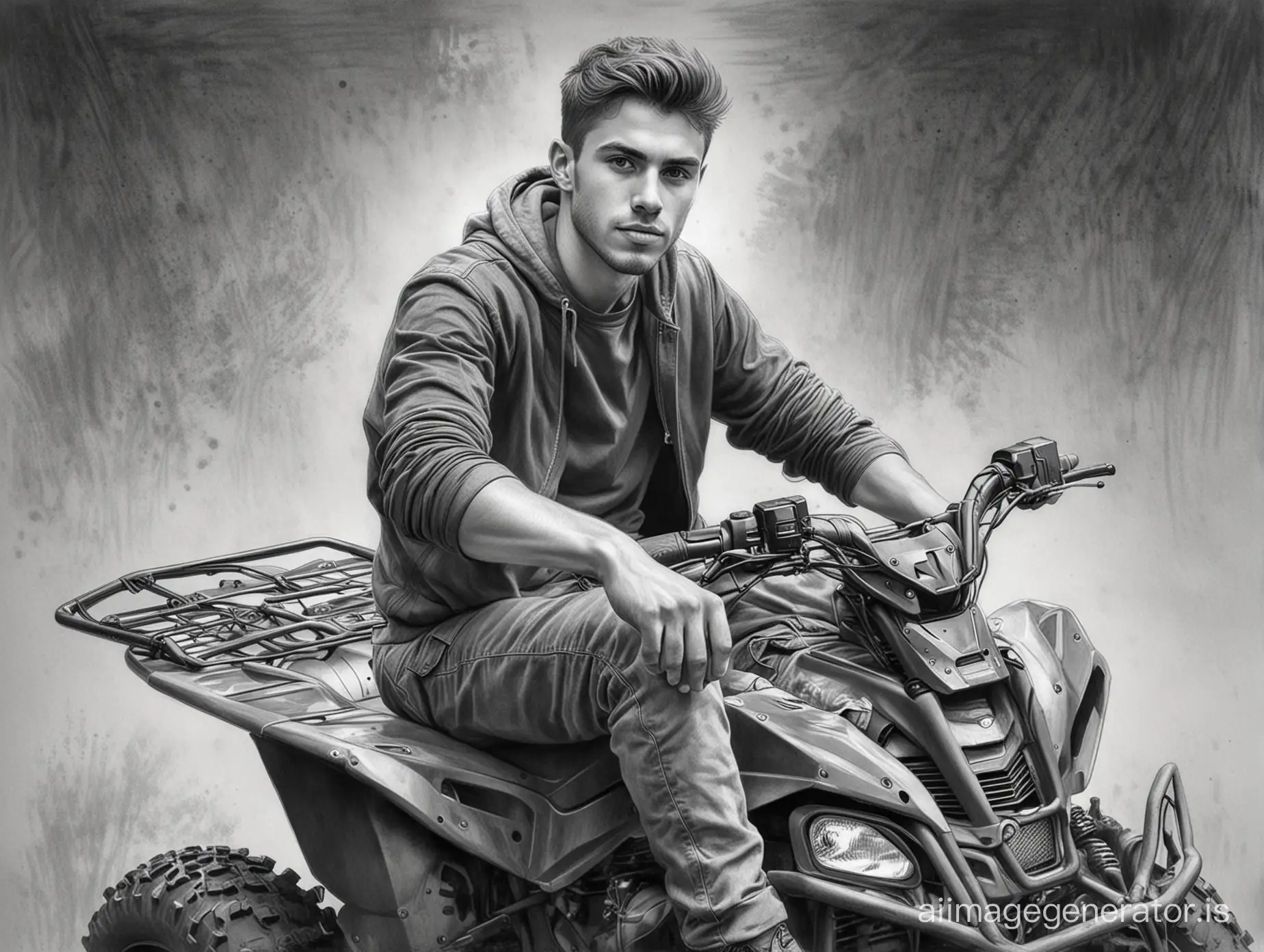 Modern-Man-Posing-on-ATV-in-Black-and-White-Sketch