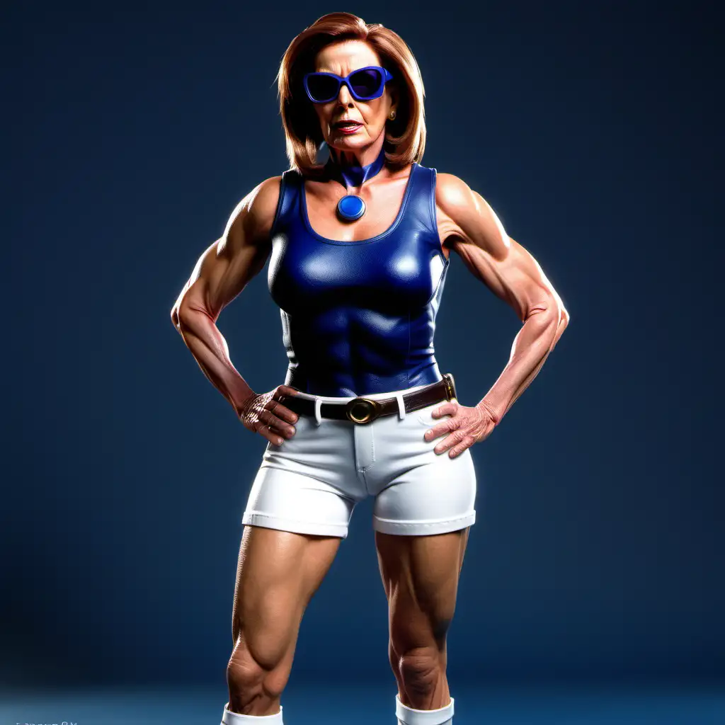 Realistic Nancy Pelosi's head on body of Gambit from X-men. very muscular. very long blondish hair hanging off the shoulders. stubble. swagger.tank top t-shirt.white short shorts. the sleeves rolled up. dark blue sunglasses. looking serious. wine bottle. muscular body shape. full body. wide shot.